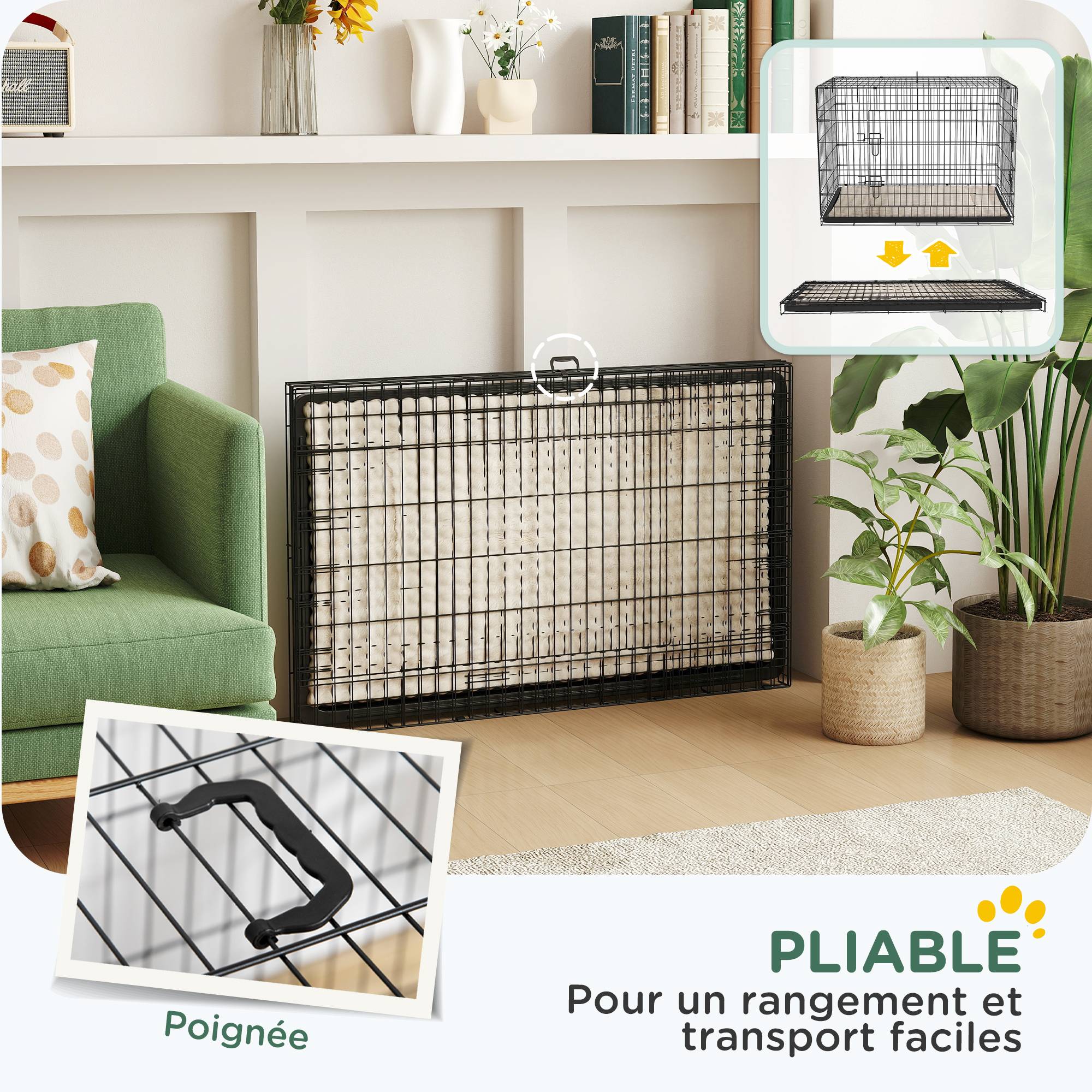 Sans Marque - Cage caisse de transport pliante pour chien poignée, plateau amovible, coussin fourni 105 x 70 x 75 cm noir - Image 9