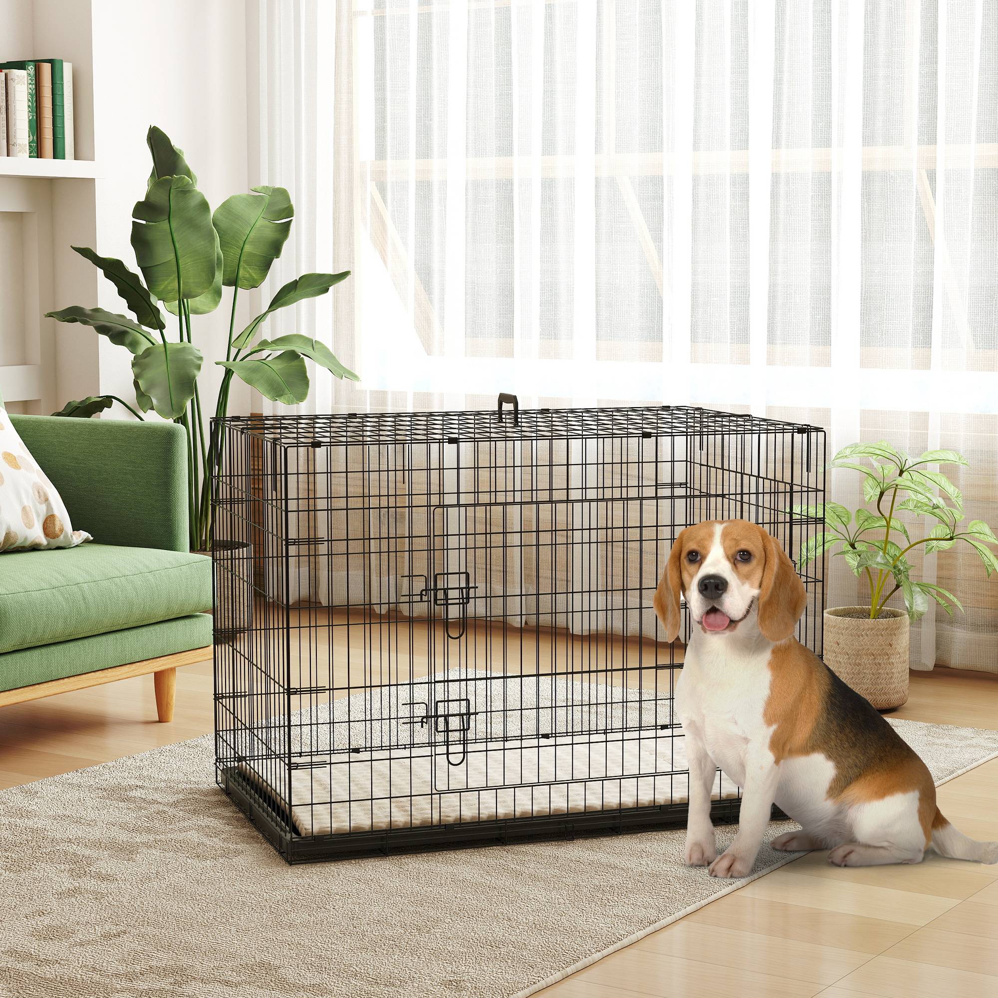 Sans Marque - Cage caisse de transport pliante pour chien poignée, plateau amovible, coussin fourni 105 x 70 x 75 cm noir - Image 3