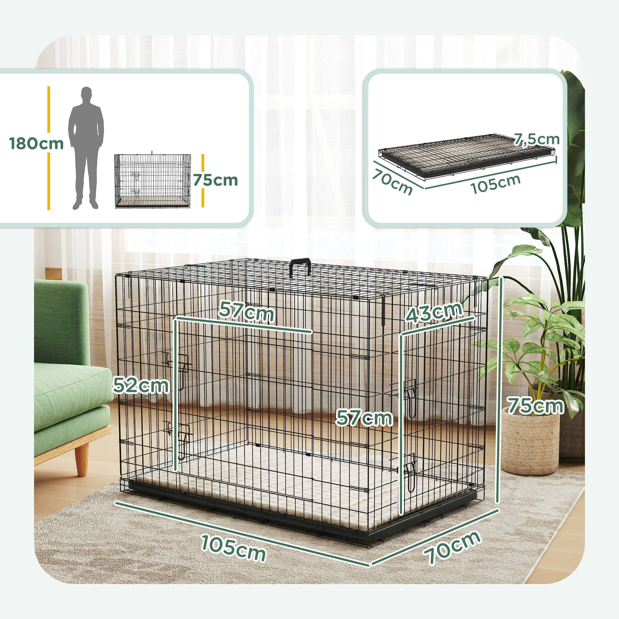 Sans Marque - Cage caisse de transport pliante pour chien poignée, plateau amovible, coussin fourni 105 x 70 x 75 cm noir - Image 5
