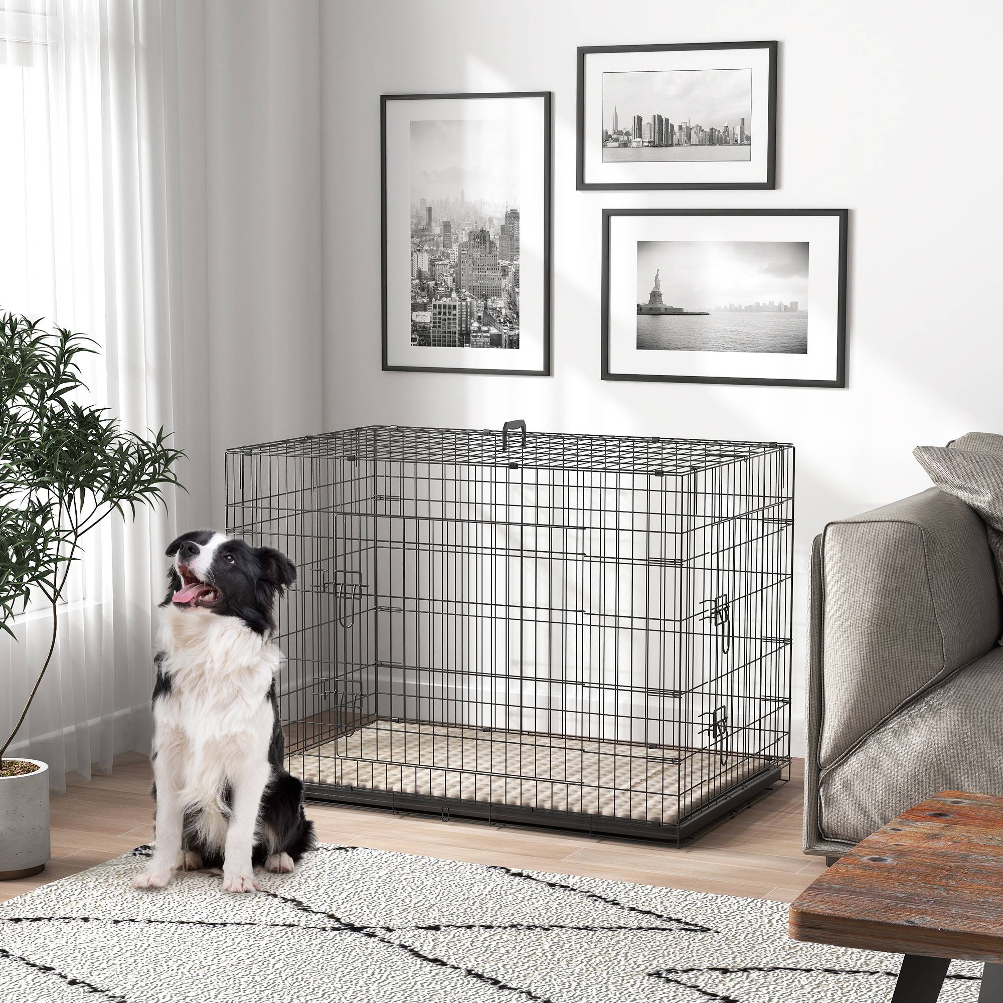Sans Marque - Cage caisse de transport pliante pour chien poignée, plateau amovible, coussin fourni 105 x 70 x 75 cm noir - Image 4