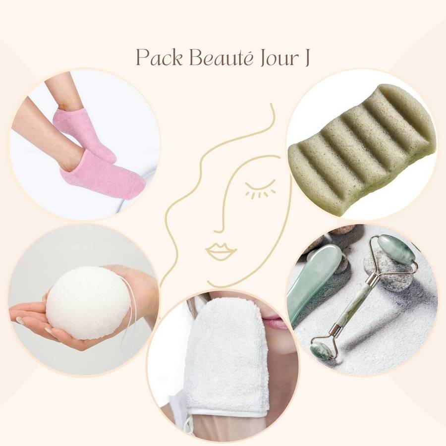 Pack Beauté & Bien-être - Roller Visage Jade + Gant Démaquillant + 2 Éponges Konjac + Chausettes Hydratantes