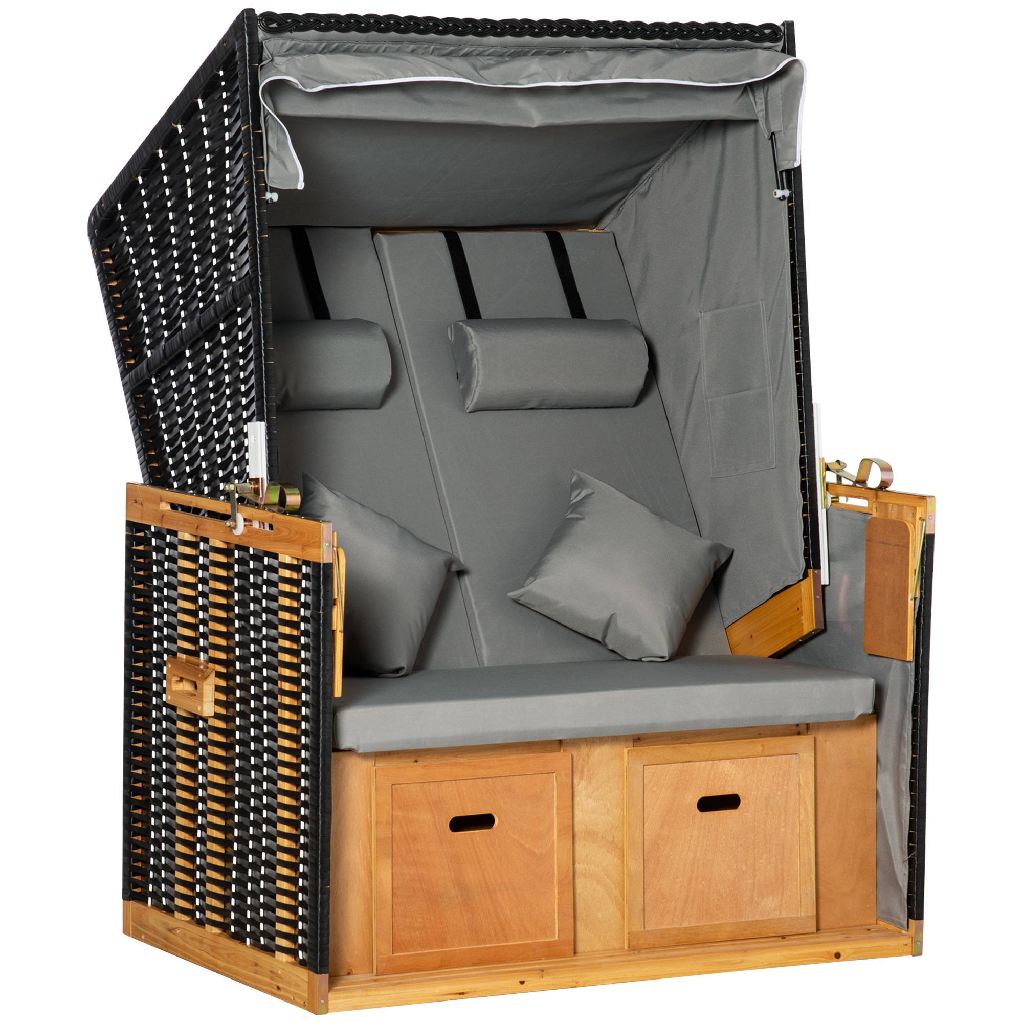 Fauteuil Strandkorb rotin PE gris clair 118x79x160cm, entièrement inclinable avec porte-boissons, parfait pour jardin et terrasse - Image 1
