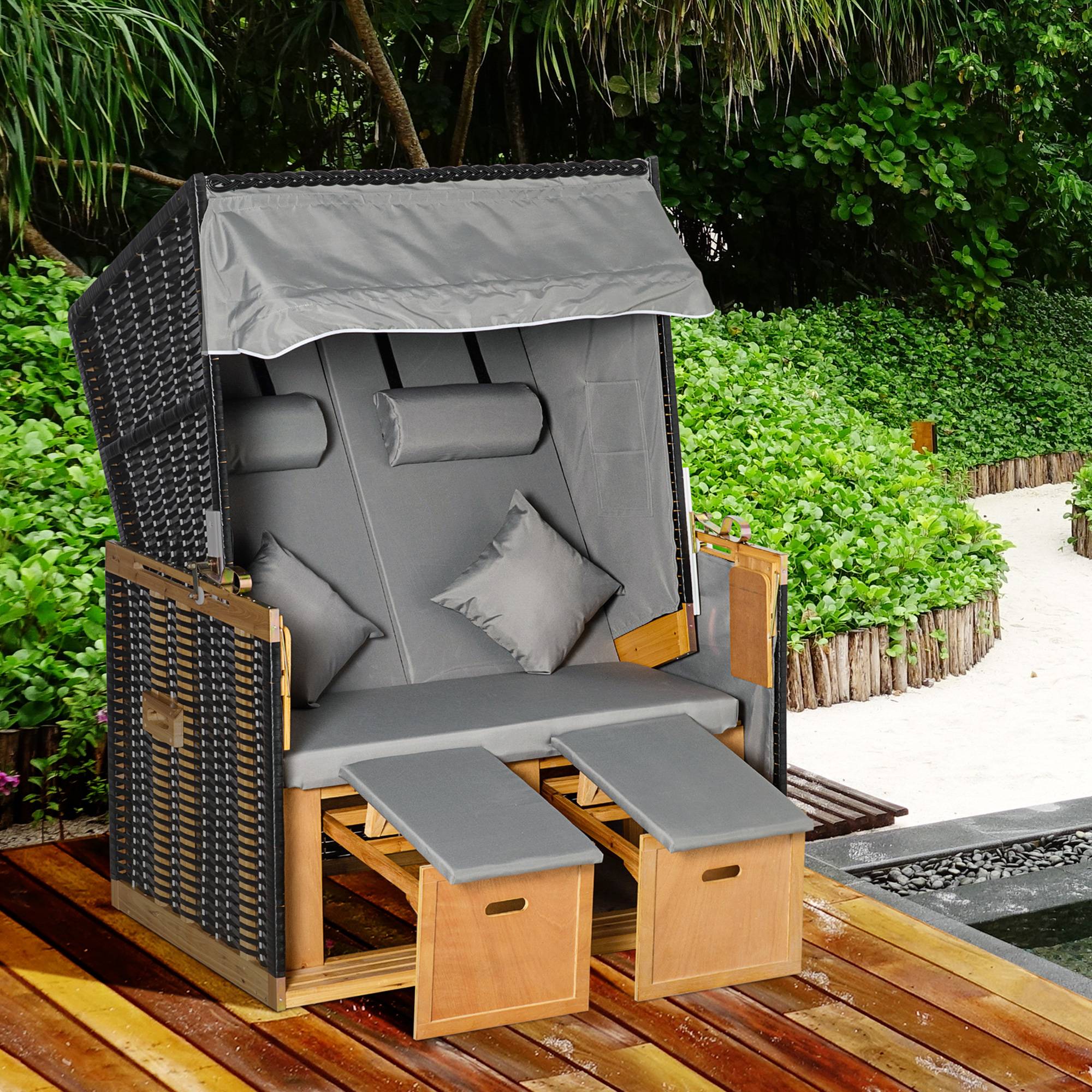 Fauteuil Strandkorb rotin PE gris clair 118x79x160cm, entièrement inclinable avec porte-boissons, parfait pour jardin et terrasse - Image 2