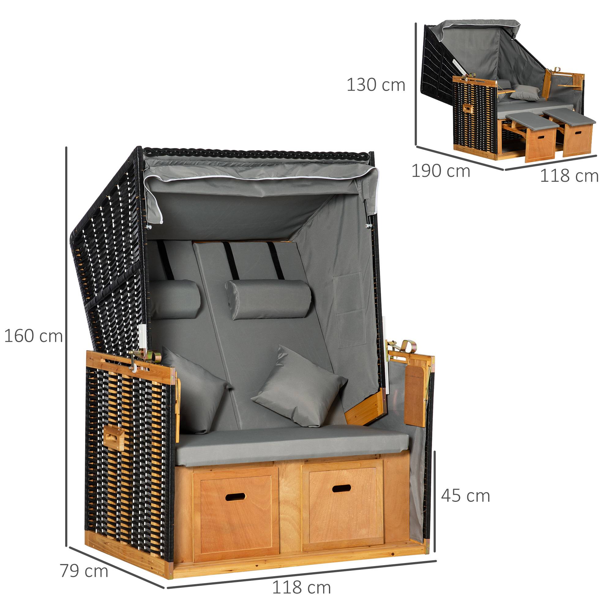 Fauteuil Strandkorb rotin PE gris clair 118x79x160cm, entièrement inclinable avec porte-boissons, parfait pour jardin et terrasse - Image 3