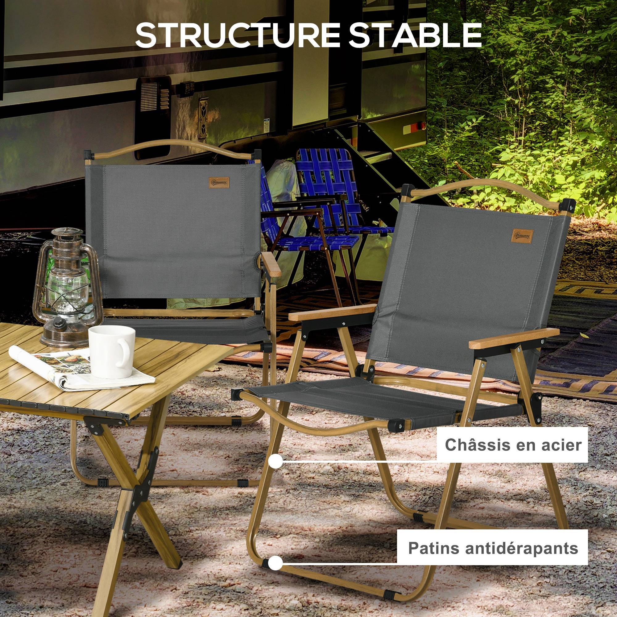 Lot de 2 chaises de camping acier et tissu Oxford gris foncé 54 x 59 x 78 cm - PANGIVO - Image 9