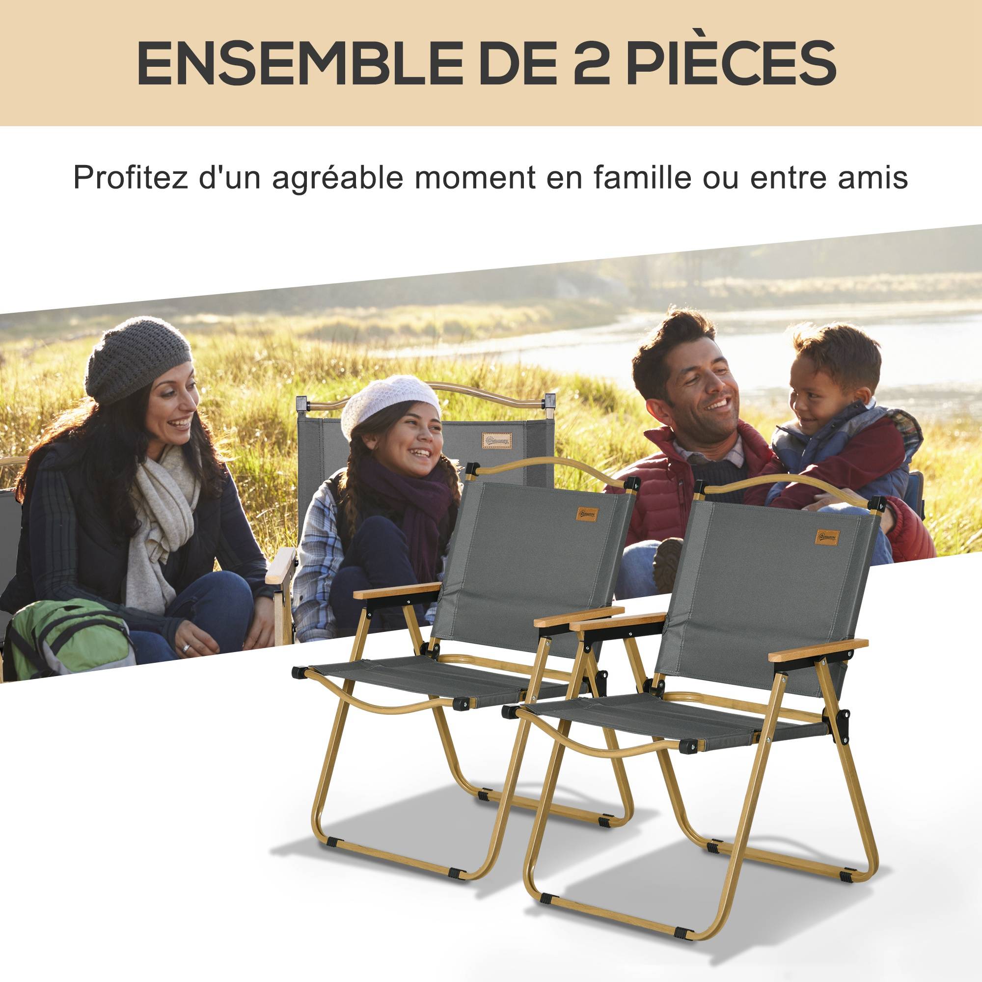 Lot de 2 chaises de camping acier et tissu Oxford gris foncé 54 x 59 x 78 cm - PANGIVO - Image 6