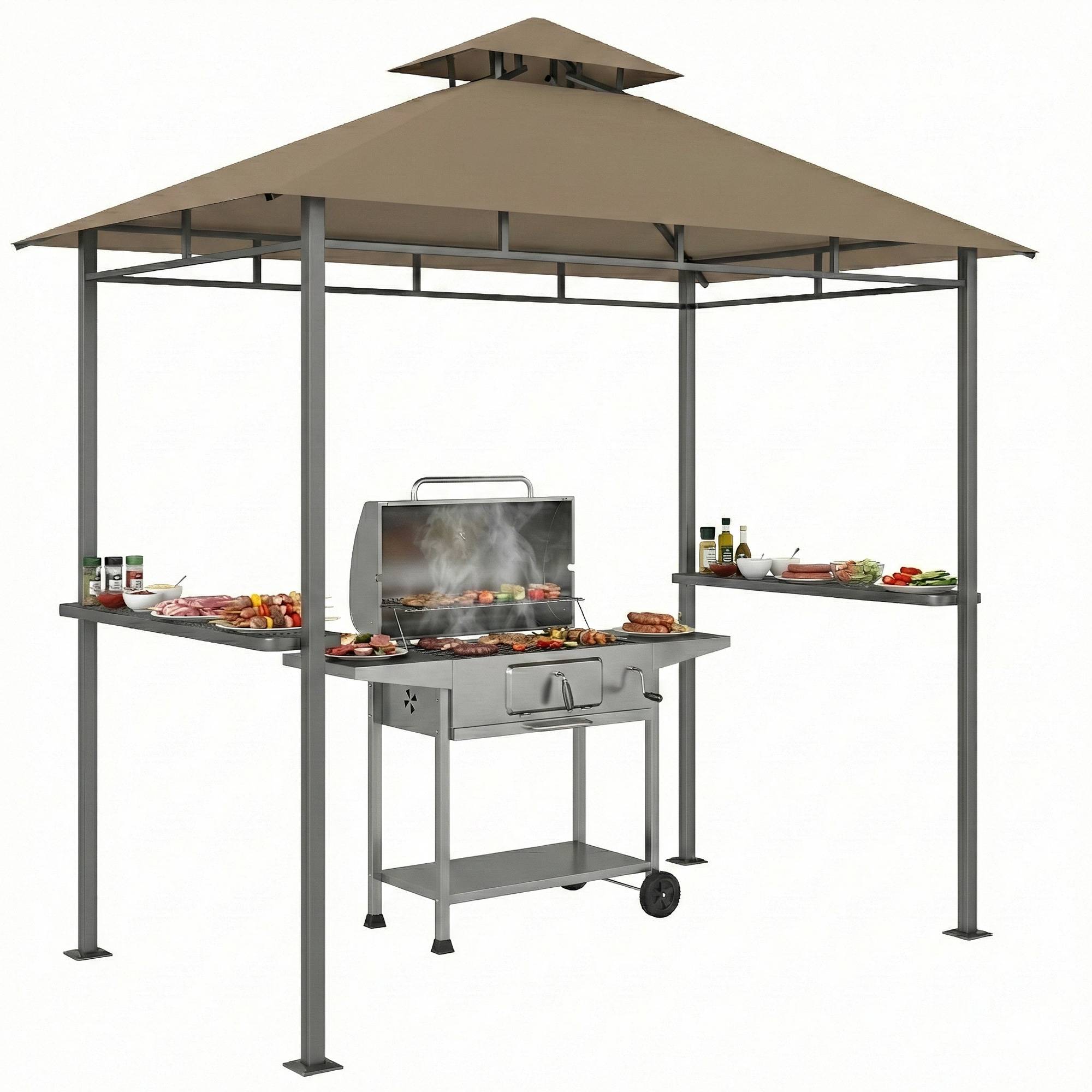 Abri barbecue extérieur, tonnelle de jardin 245x146x255cm en métal, double toit, 2 étagères latérales, marron - Image 2