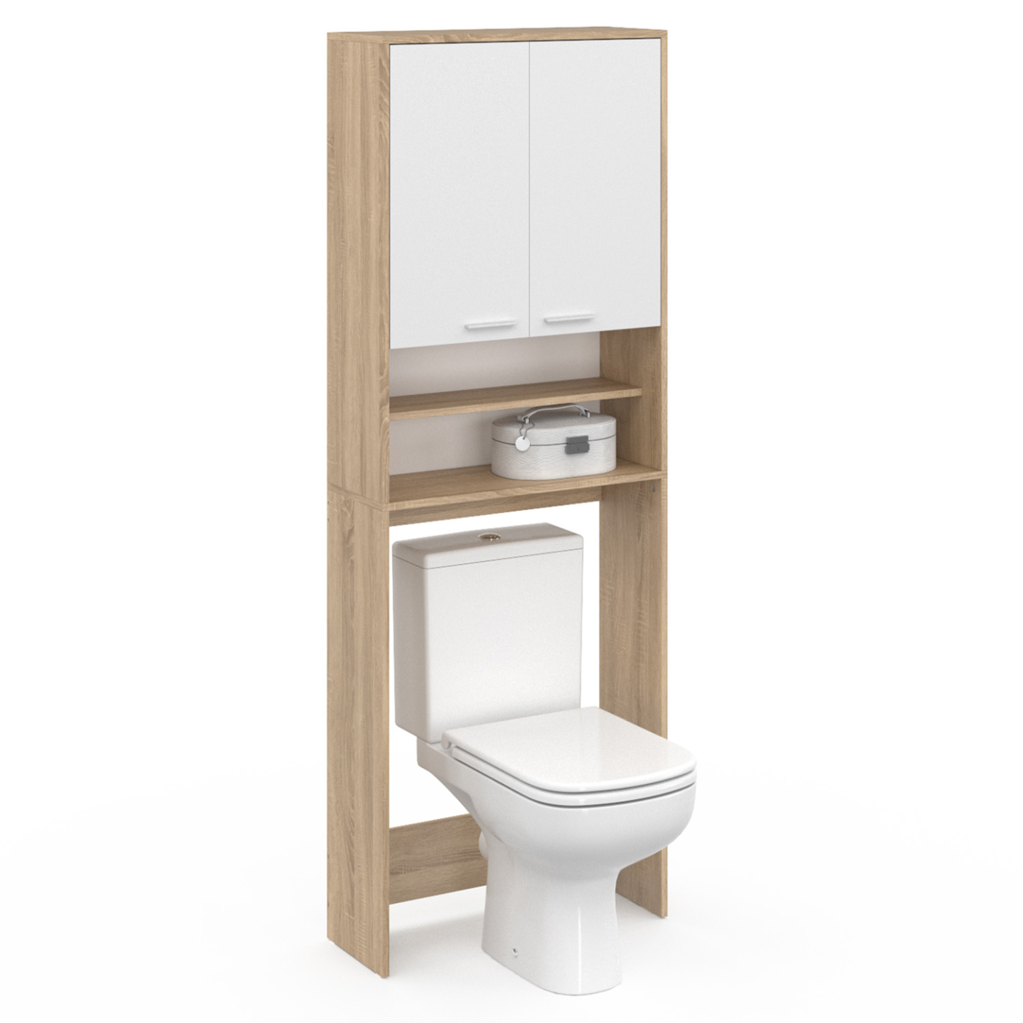 Meuble étagères de rangement dessus machine à laver et WC WALLIS blanc et hêtre - Image 5