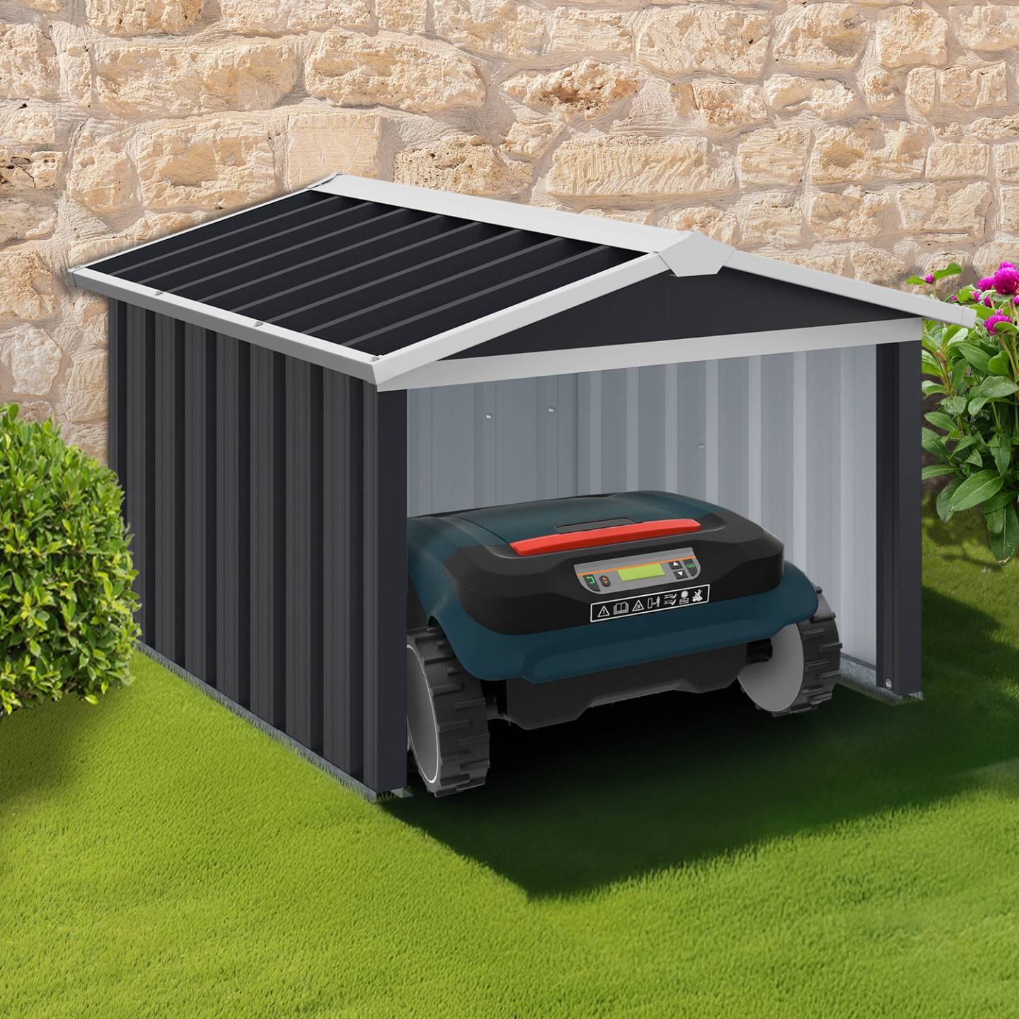 Garage pour robot tondeuse toit à 2 pentes métal gris anthracite 86 x 98 x 62 cm - Image 1