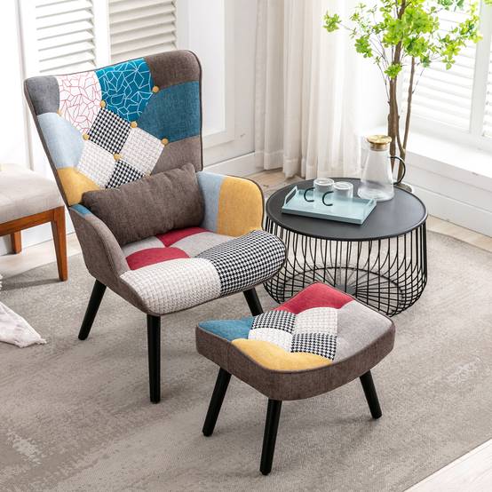 0 - Fauteuil Patchwork Scandinave avec pieds-repose, Oreiller lombaire Pieds Bois Massif ,Salon Balcon Tissu en Lin Multicolore - Image 3
