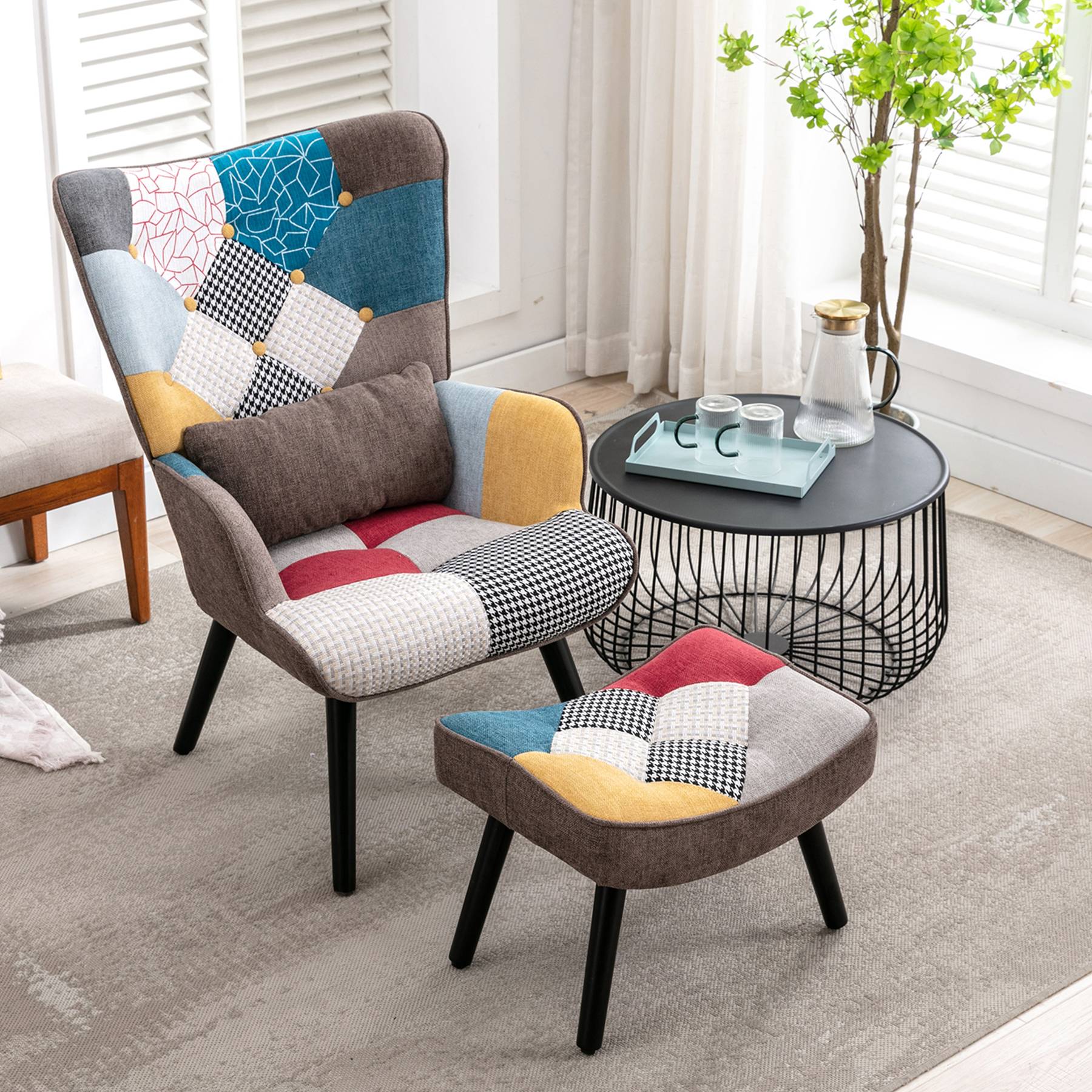 0 - Fauteuil Patchwork Scandinave  avec pieds-repose, Oreiller lombaire  Pieds Bois Massif ,Salon Balcon Tissu en Lin  Multicolore - Image 3