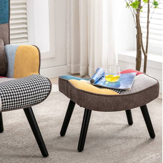 0 - Fauteuil Patchwork Scandinave avec pieds-repose, Oreiller lombaire Pieds Bois Massif ,Salon Balcon Tissu en Lin Multicolore - Image 6