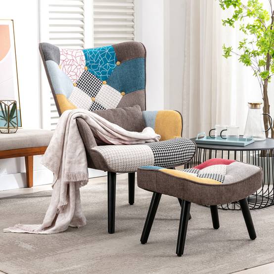 0 - Fauteuil Patchwork Scandinave avec pieds-repose, Oreiller lombaire Pieds Bois Massif ,Salon Balcon Tissu en Lin Multicolore - Image 2