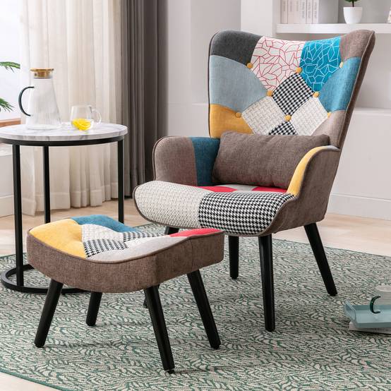 0 - Fauteuil Patchwork Scandinave avec pieds-repose, Oreiller lombaire Pieds Bois Massif ,Salon Balcon Tissu en Lin Multicolore - Image 7