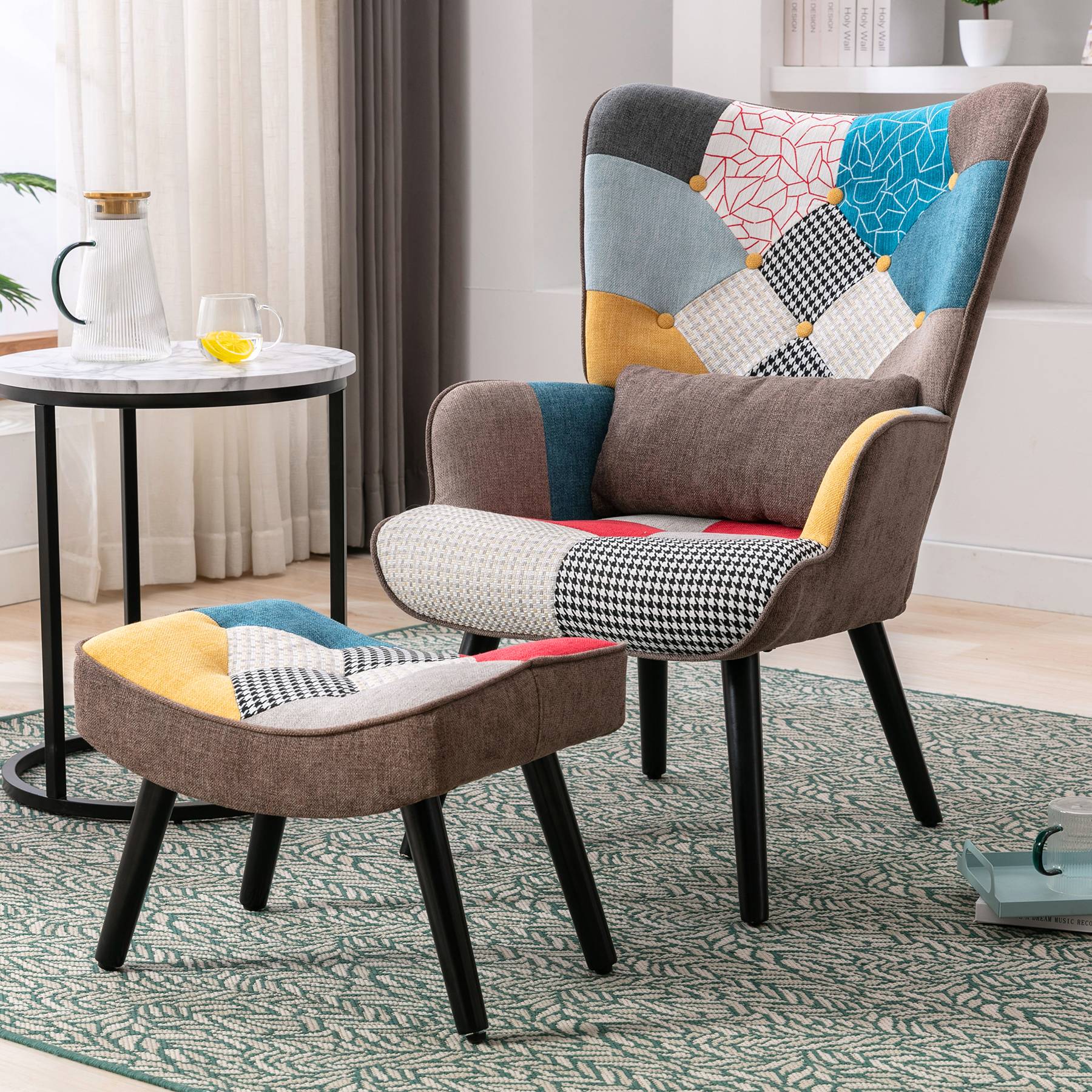 0 - Fauteuil Patchwork Scandinave  avec pieds-repose, Oreiller lombaire  Pieds Bois Massif ,Salon Balcon Tissu en Lin  Multicolore - Image 7