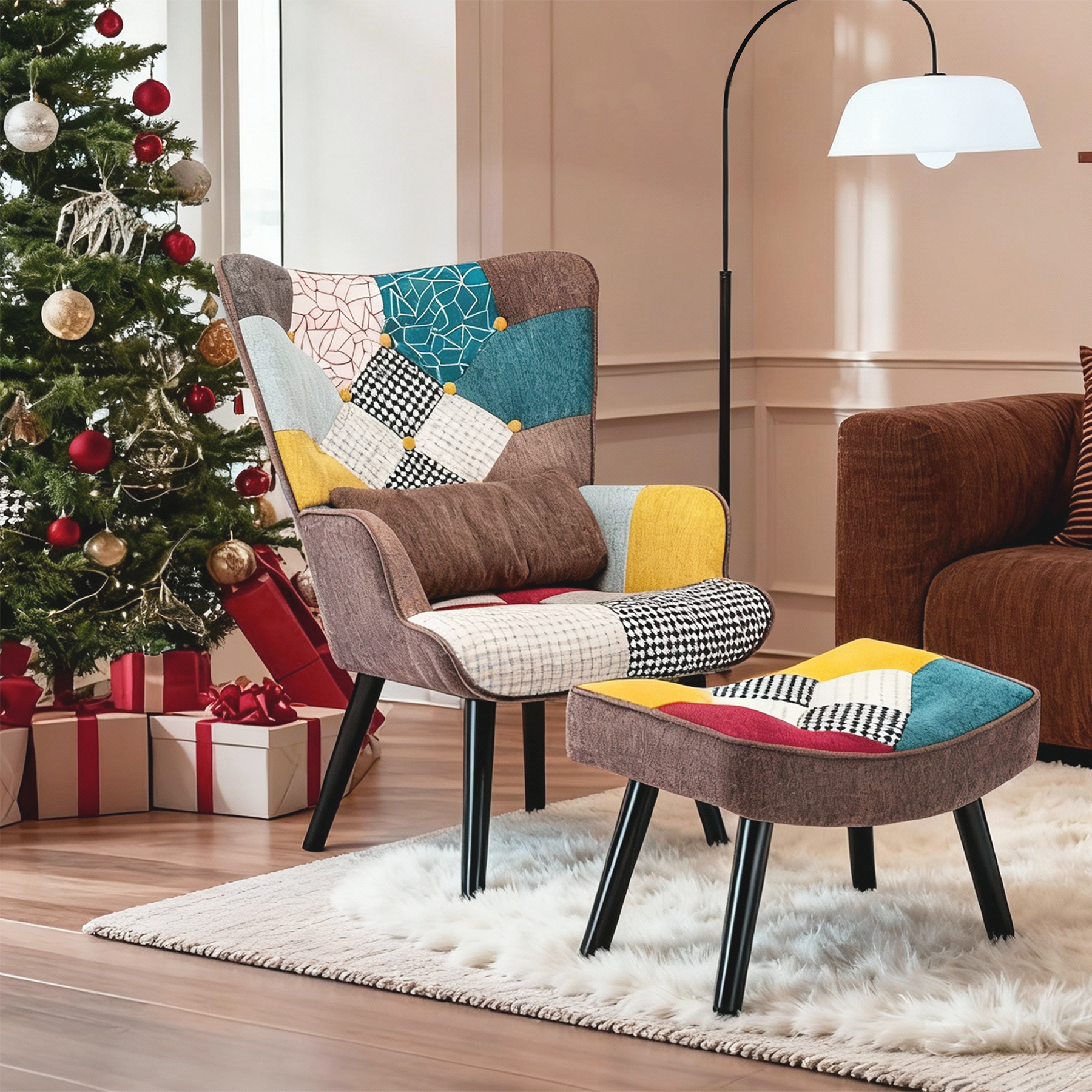 0 - Fauteuil Patchwork Scandinave  avec pieds-repose, Oreiller lombaire  Pieds Bois Massif ,Salon Balcon Tissu en Lin  Multicolore - Image 1