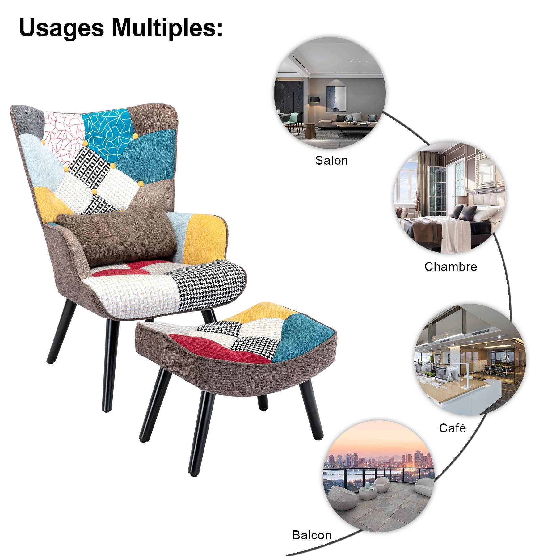 0 - Fauteuil Patchwork Scandinave avec pieds-repose, Oreiller lombaire Pieds Bois Massif ,Salon Balcon Tissu en Lin Multicolore - Image 5