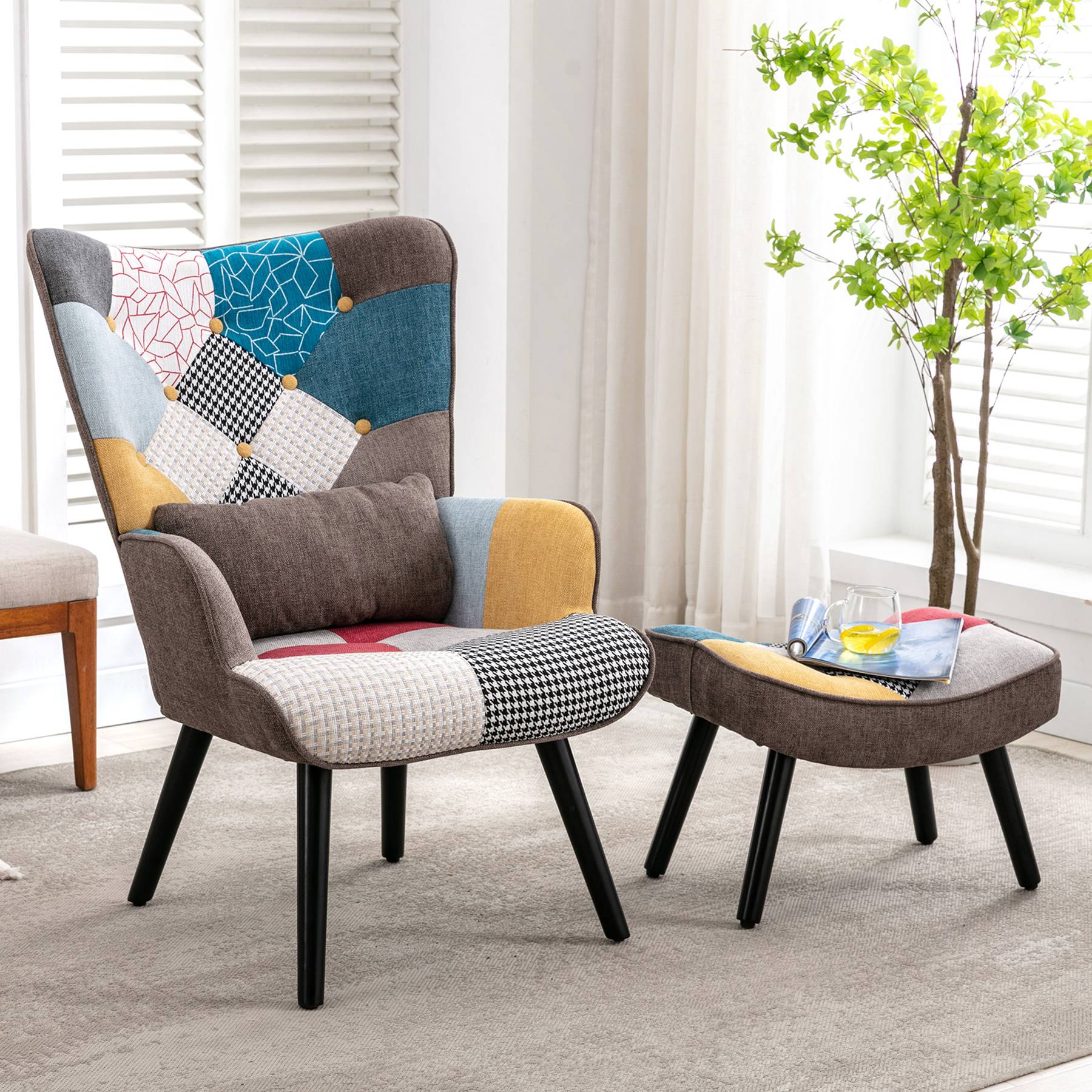 0 - Fauteuil Patchwork Scandinave  avec pieds-repose, Oreiller lombaire  Pieds Bois Massif ,Salon Balcon Tissu en Lin  Multicolore - Image 4