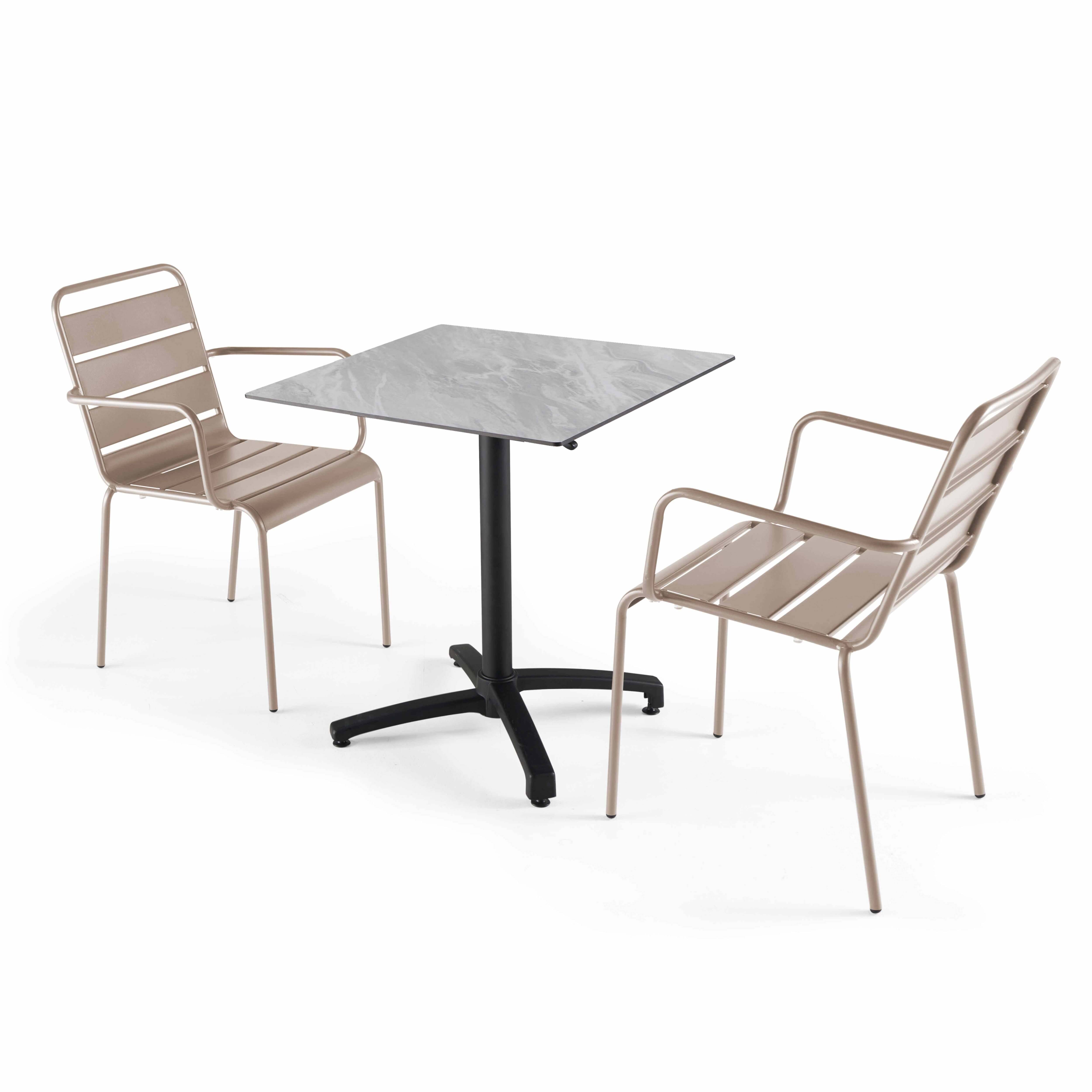 Oviala - Ensemble table 70 cm marbre et 2 chaises en métal taupe - Oviala - Image 1