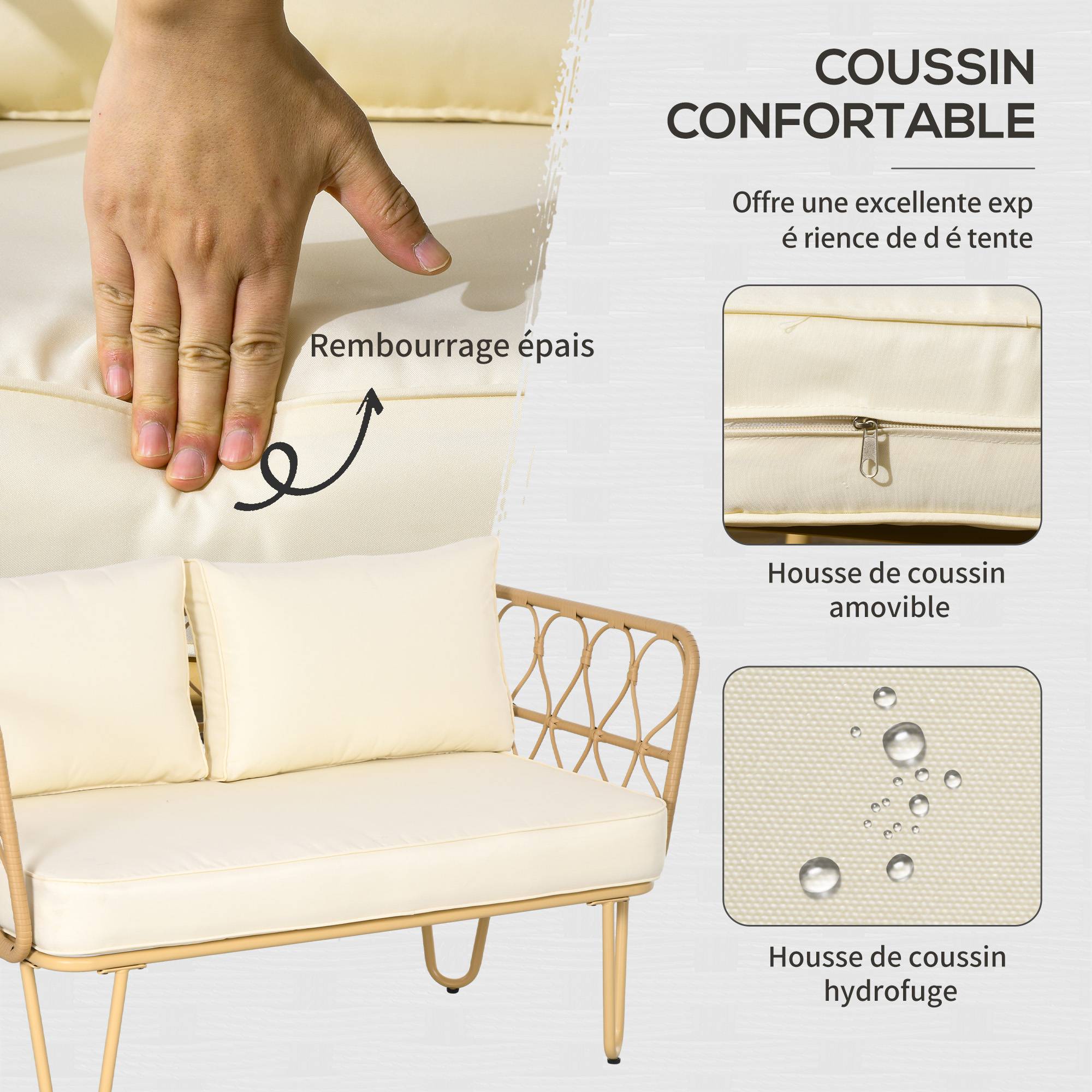 ComfortXL - Salon de jardin 4 places résine tressée terrasse détente coussins inclus kaki - ComfortXL Outdoor Living - Image 6
