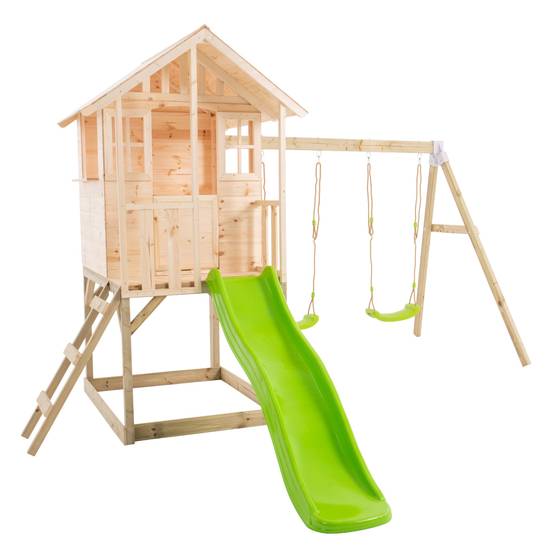 Maisonnette modulable sur pilotis avec balcon, glissière et deux balançoires BASILIC en bois FSC® - Image 2