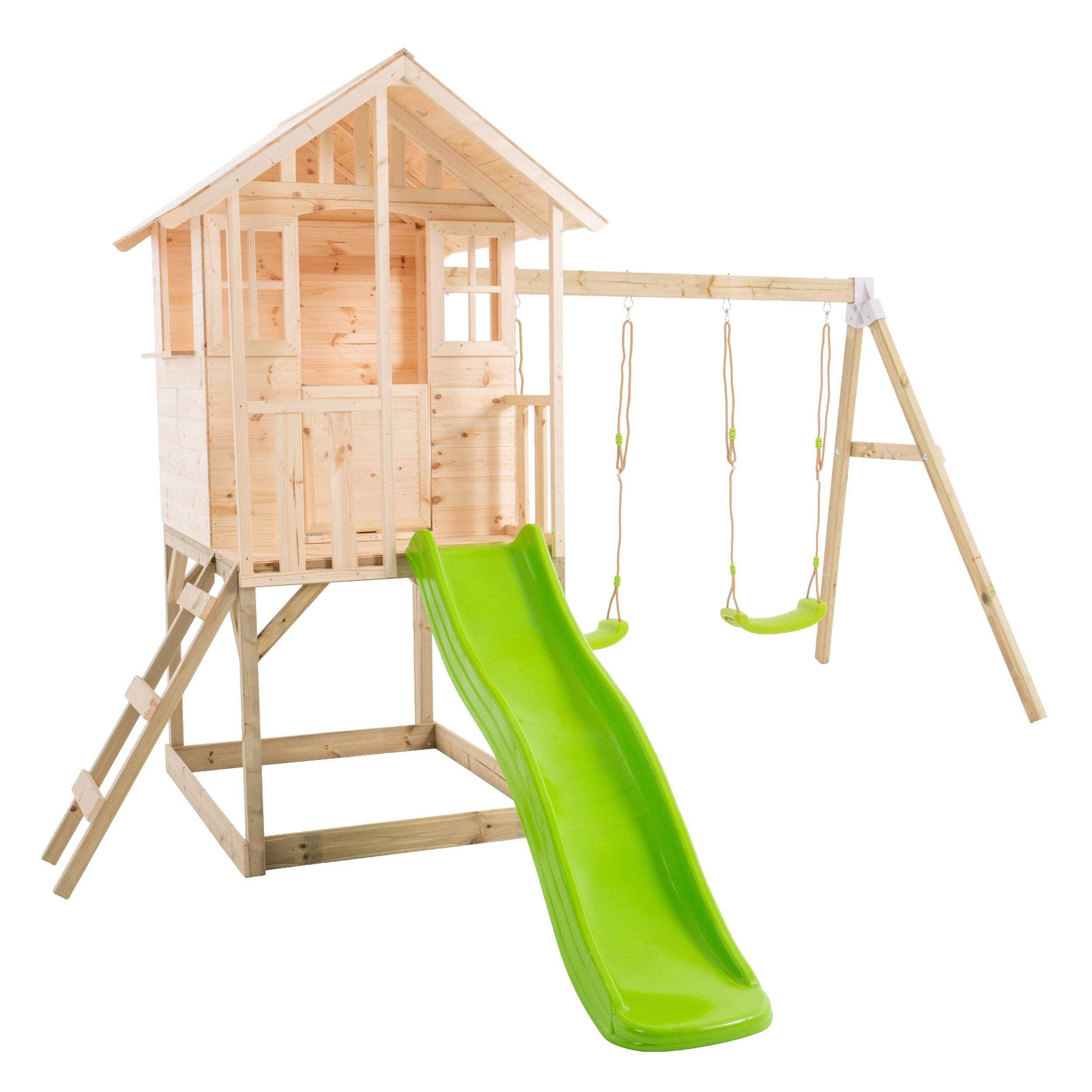 Maisonnette modulable sur pilotis avec balcon, glissière et deux balançoires BASILIC en bois FSC® - Image 2