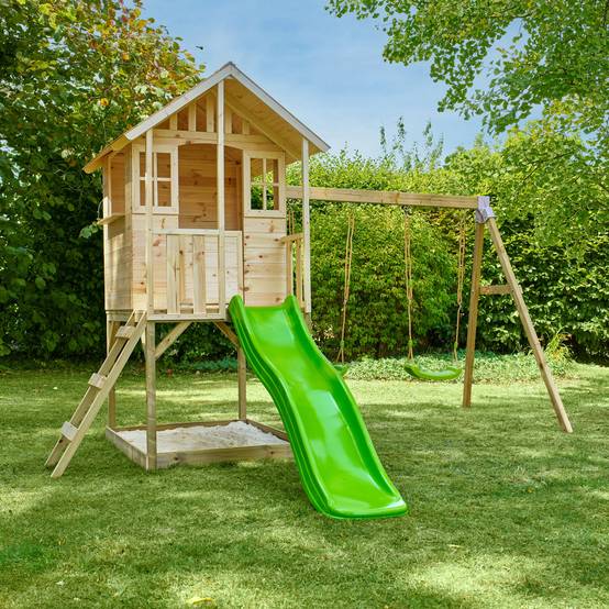 Maisonnette modulable sur pilotis avec balcon, glissière et deux balançoires BASILIC en bois FSC® - Image 10