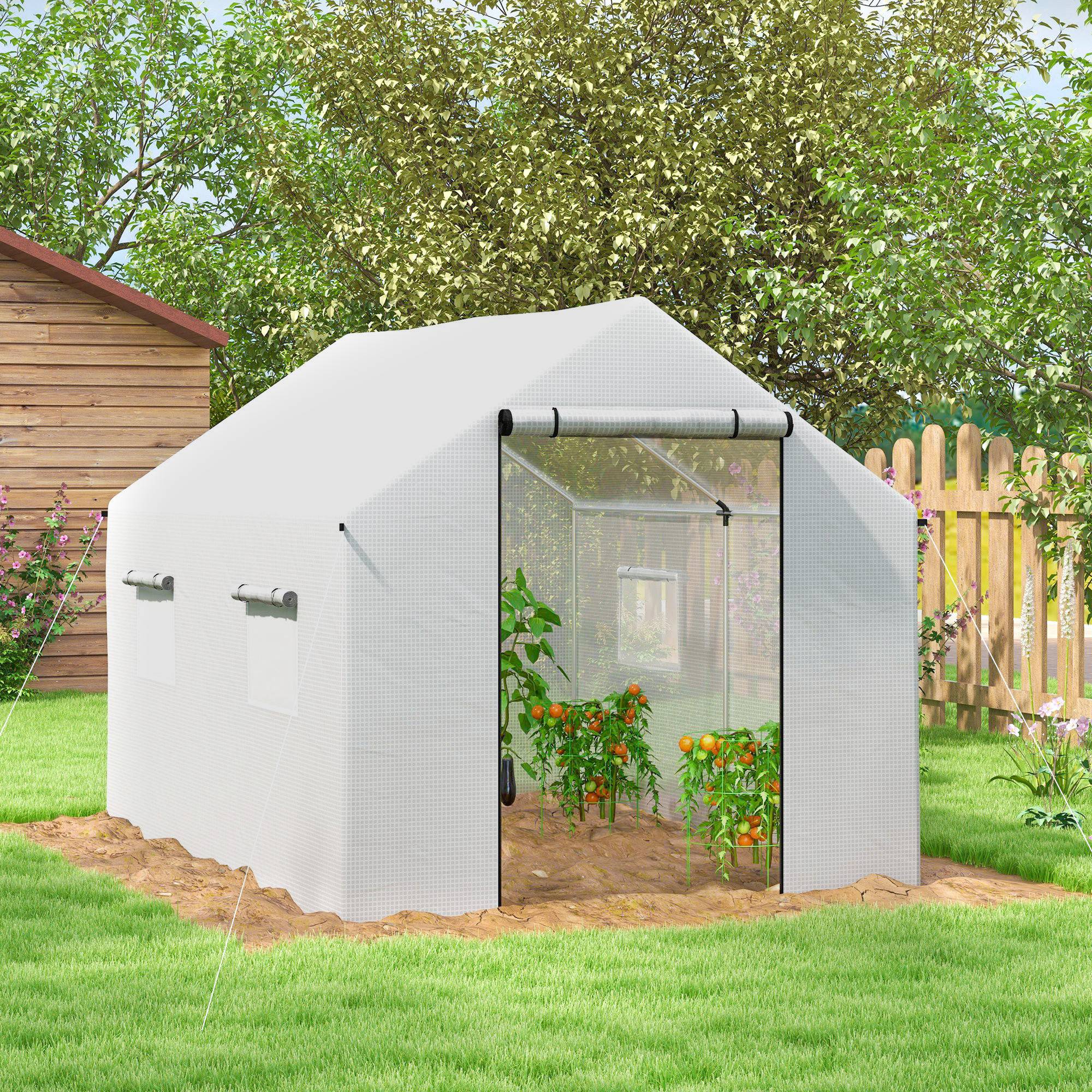 ComfortXL - Serre tunnel acier galvanisé 3 x 2 x 2 m blanche pour jardin avec 4 fenêtres moustiquaires et porte roulante - Image 8