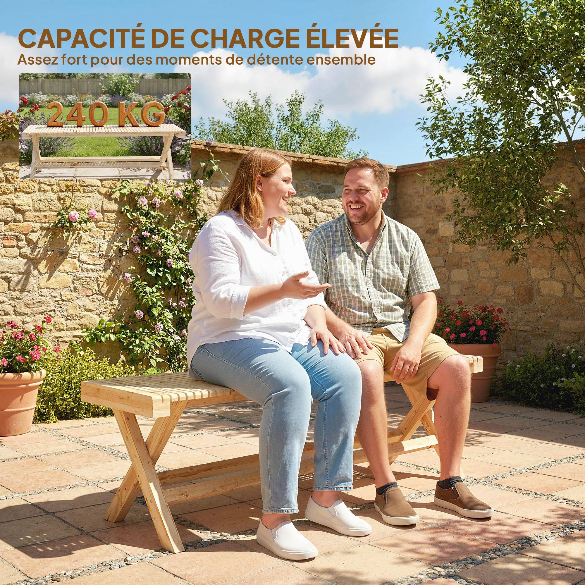 Outsunny - Banc de jardin 2 places - assise à lattes - bois massif - Capacité 240 kg - 140 x 40 x 43 cm - Bois Naturel - Outsunny - Image 8