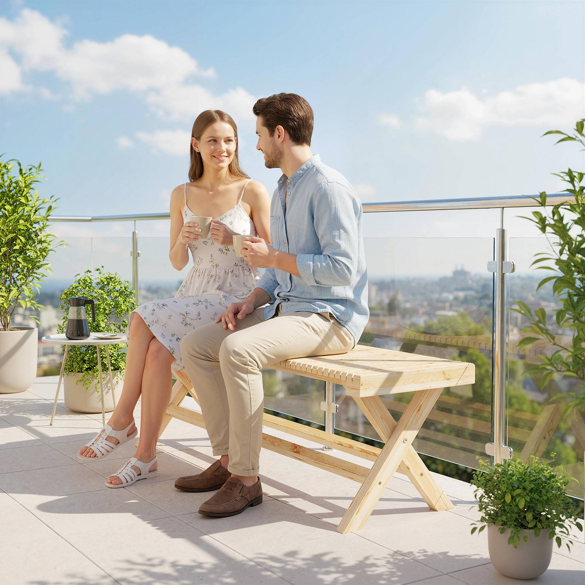 Outsunny - Banc de jardin 2 places - assise à lattes - bois massif - Capacité 240 kg - 140 x 40 x 43 cm - Bois Naturel - Outsunny - Image 4