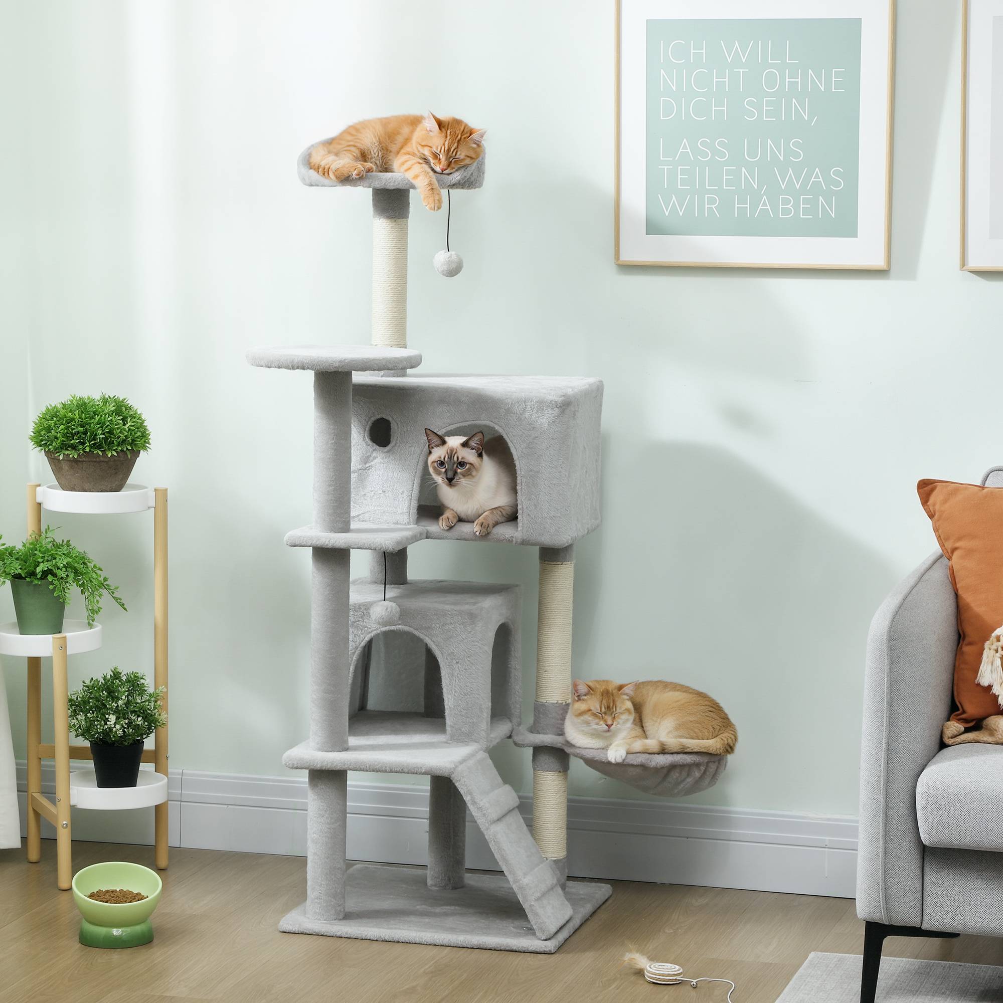 Sans Marque - Arbre à chat de 140 cm avec plateformes, lit, 2 niches, hamac, échelle, poteaux en sisal gris clair - Image 1