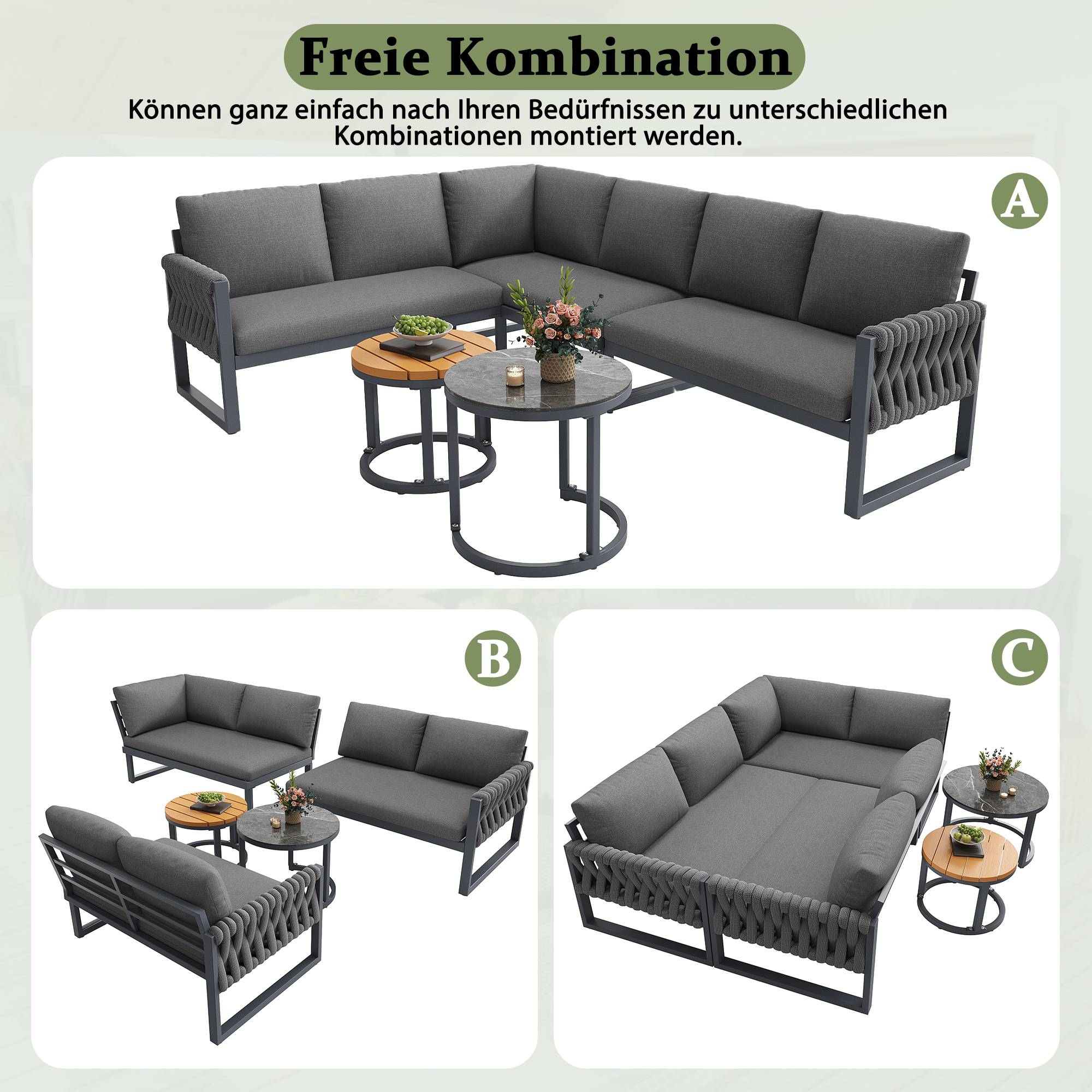 Salon de jardin modulable métal terrasse 5 places coussins déperlants gris - ComfortXL Outdoor Living - Image 2