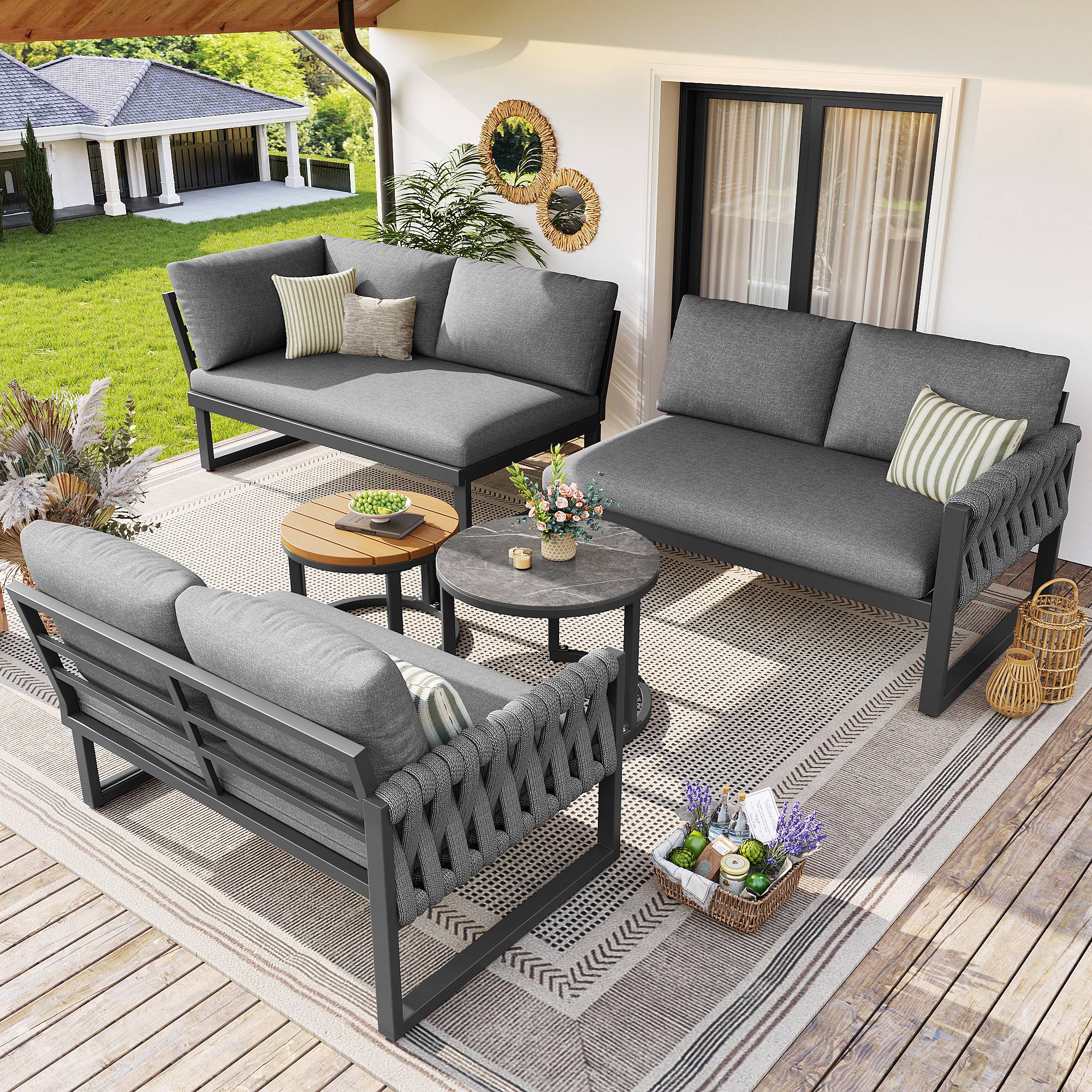 Salon de jardin modulable métal terrasse 5 places coussins déperlants gris - ComfortXL Outdoor Living - Image 10
