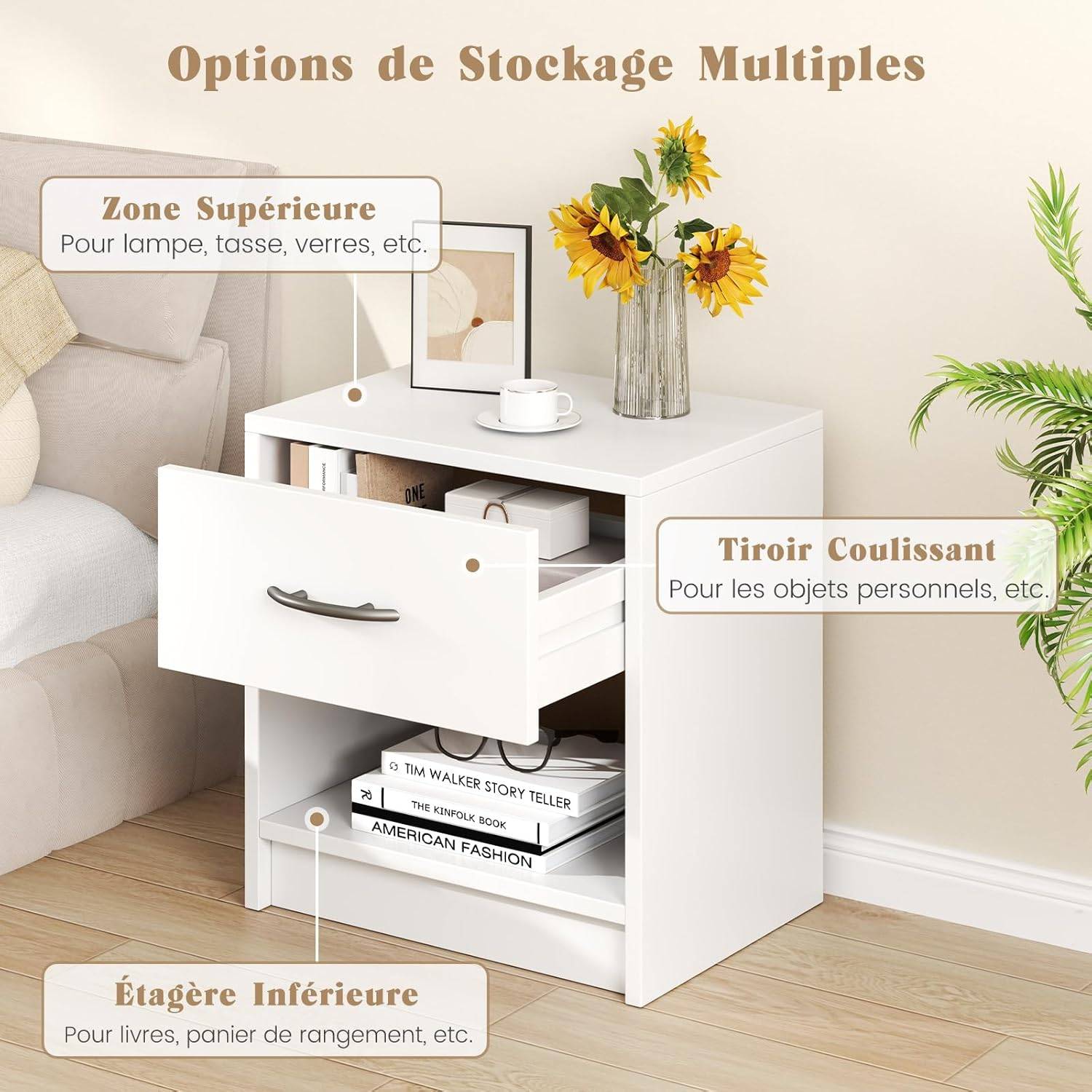 Table de Nuit avec Tiroir, Table de Chevet avec Étagère Ouverte, Chevet de Lit pour Petit Espace, Table d'Appoint Moderne (Blanc,1 tiroir) - Image 5