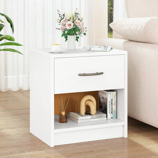 Table de Nuit avec Tiroir, Table de Chevet avec Étagère Ouverte, Chevet de Lit pour Petit Espace, Table d'Appoint Moderne (Blanc,1 tiroir) - Image 2