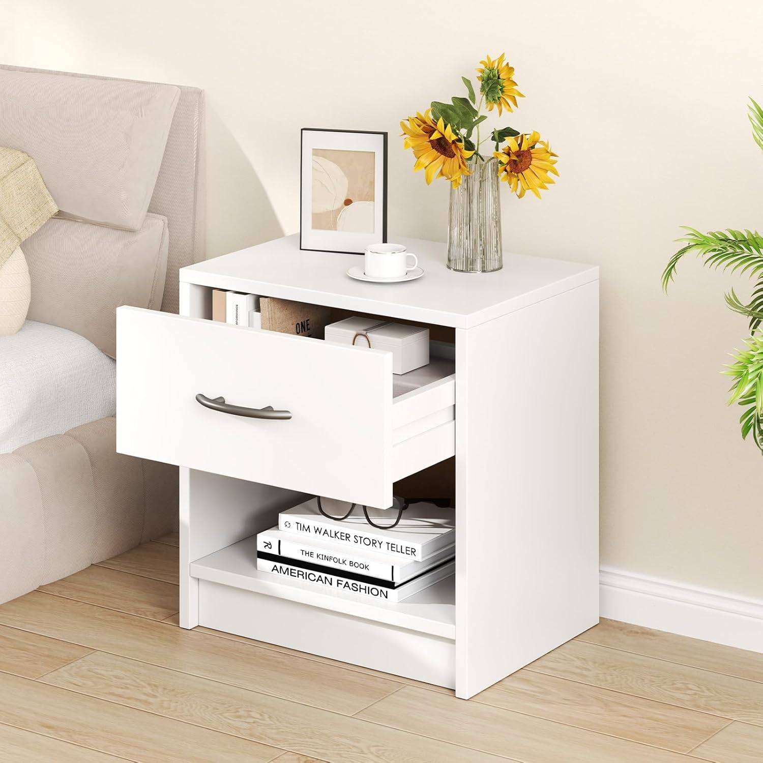 Table de Nuit avec Tiroir, Table de Chevet avec Étagère Ouverte, Chevet de Lit pour Petit Espace, Table d'Appoint Moderne (Blanc,1 tiroir) - Image 8