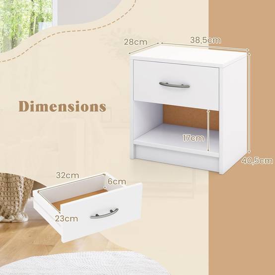 Table de Nuit avec Tiroir, Table de Chevet avec Étagère Ouverte, Chevet de Lit pour Petit Espace, Table d'Appoint Moderne (Blanc,1 tiroir) - Image 3