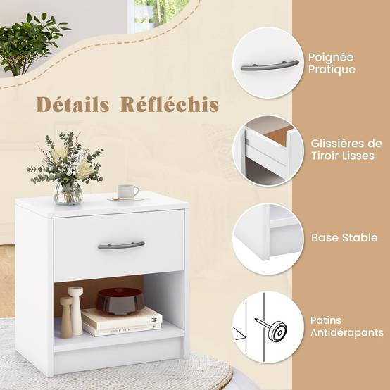 Table de Nuit avec Tiroir, Table de Chevet avec Étagère Ouverte, Chevet de Lit pour Petit Espace, Table d'Appoint Moderne (Blanc,1 tiroir) - Image 6
