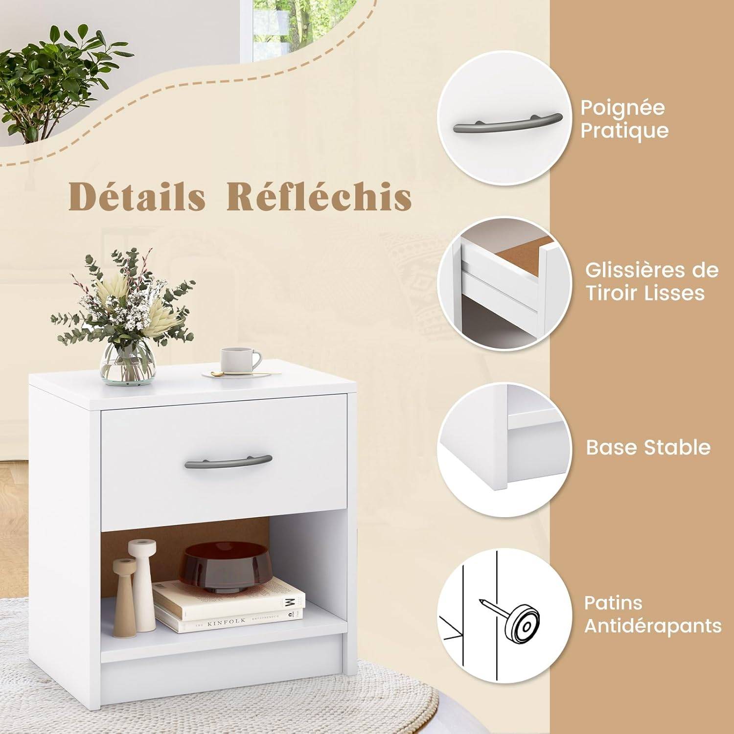 Table de Nuit avec Tiroir, Table de Chevet avec Étagère Ouverte, Chevet de Lit pour Petit Espace, Table d'Appoint Moderne (Blanc,1 tiroir) - Image 6