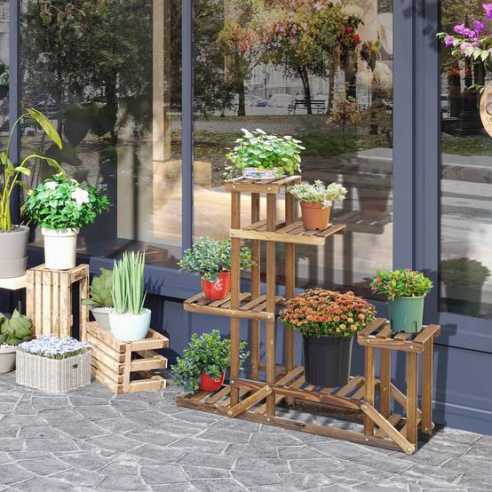 Étagère porte-plantes 6 niveaux en bois carbonisé pour intérieur et extérieur 98x96cm - ComfortXL Outdoor Living - Image 4