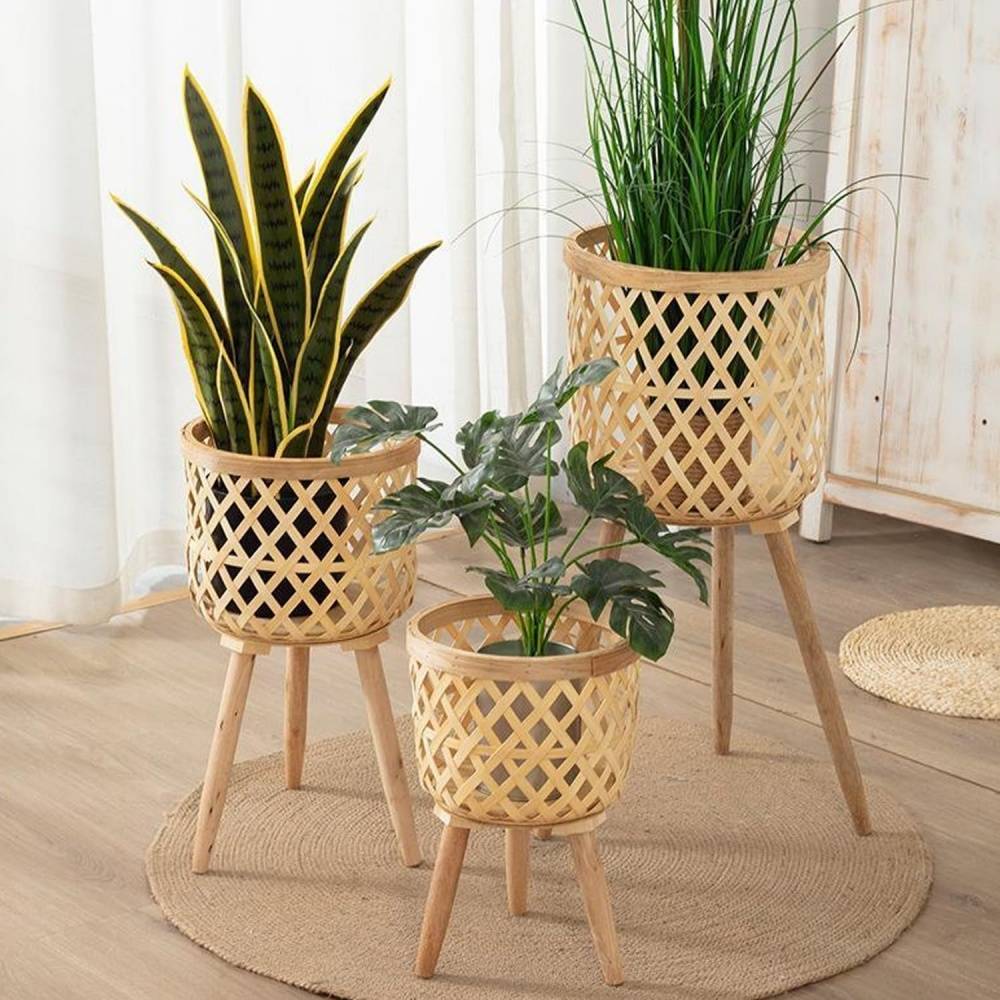 pot à fleurs- pour pots en bambou tissé - Pieds en bois réglables - Décoration intérieur/extérieur - Living123 - Image 2