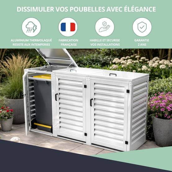 Cache Poubelle Extérieur Triple en Aluminium thermolaqué - Abri pour 3 conteneurs 120 Litres – Blanc RAL 9010 - Image 7