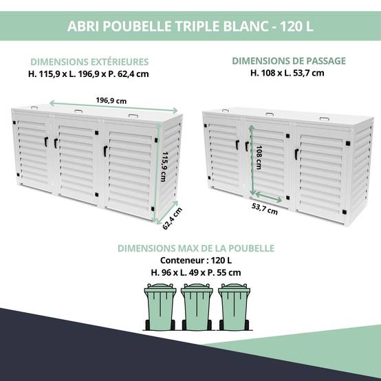 Cache Poubelle Extérieur Triple en Aluminium thermolaqué - Abri pour 3 conteneurs 120 Litres – Blanc RAL 9010 - Image 3