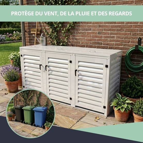 Cache Poubelle Extérieur Triple en Aluminium thermolaqué - Abri pour 3 conteneurs 120 Litres – Blanc RAL 9010 - Image 4