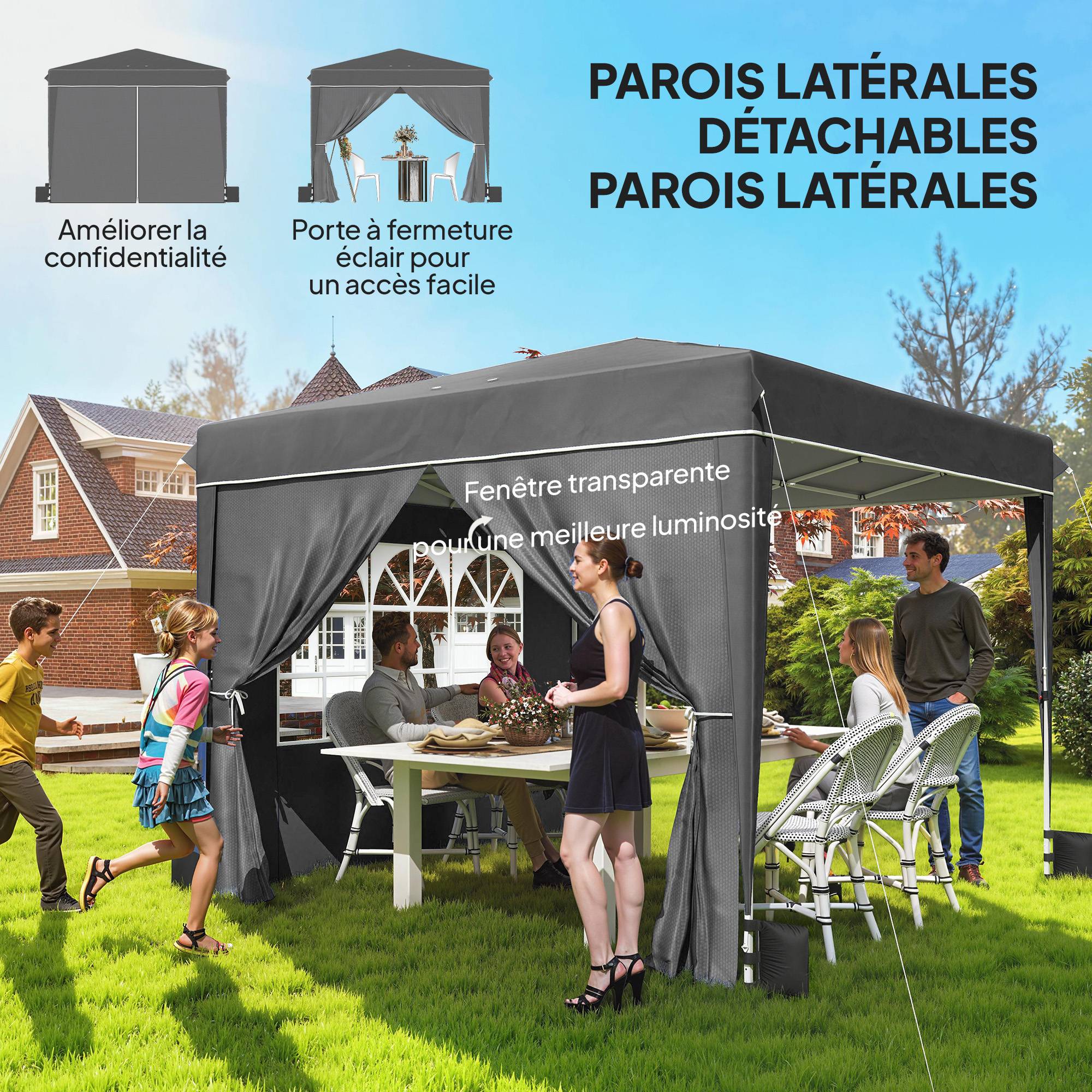 Outsunny - Tonnelle pliante 3x3m - parois latérales, protection UV 50+, sacs de sable, sac de transport, hauteur réglable - gris - Outsunny - Image 8