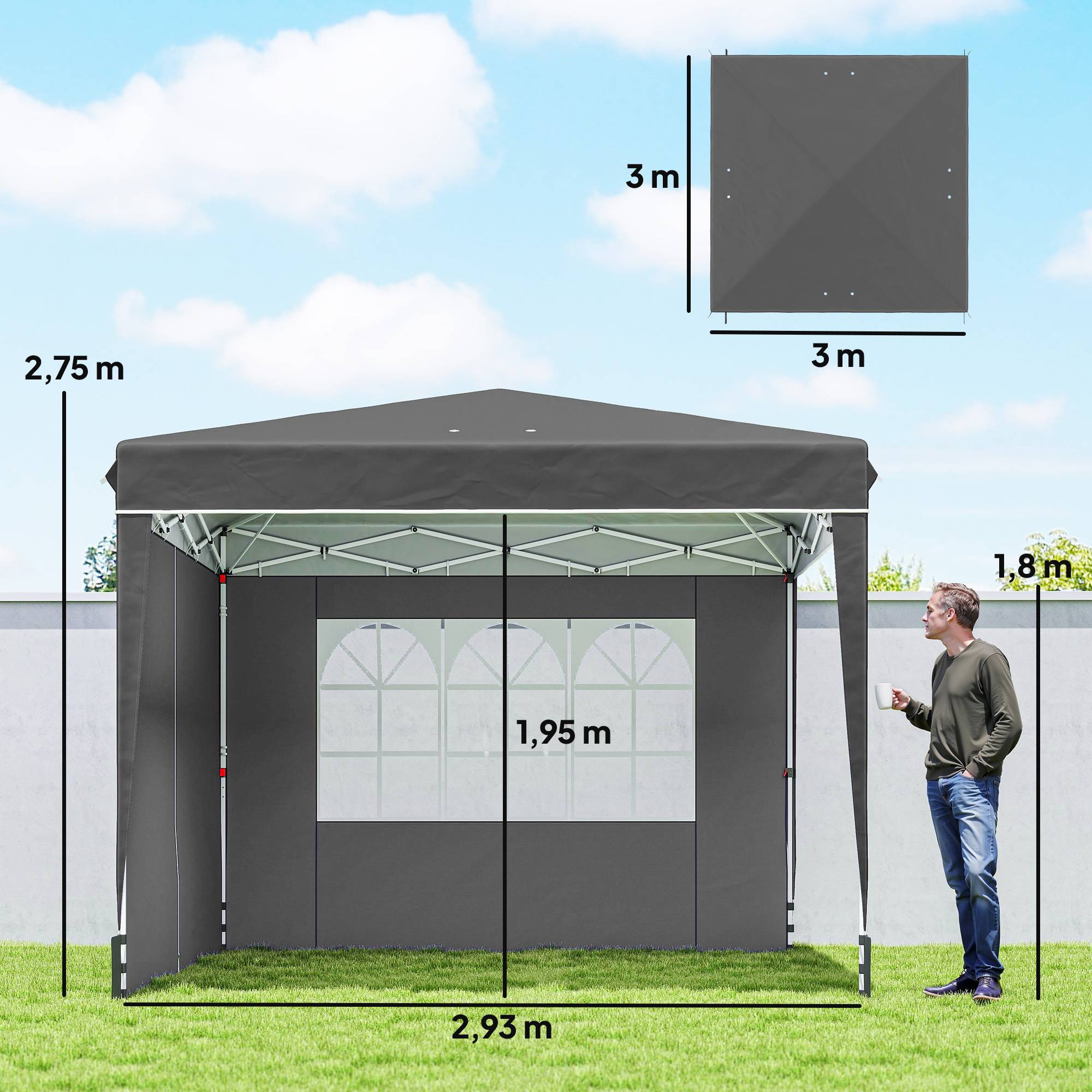 Outsunny - Tonnelle pliante 3x3m - parois latérales, protection UV 50+, sacs de sable, sac de transport, hauteur réglable - gris - Outsunny - Image 3