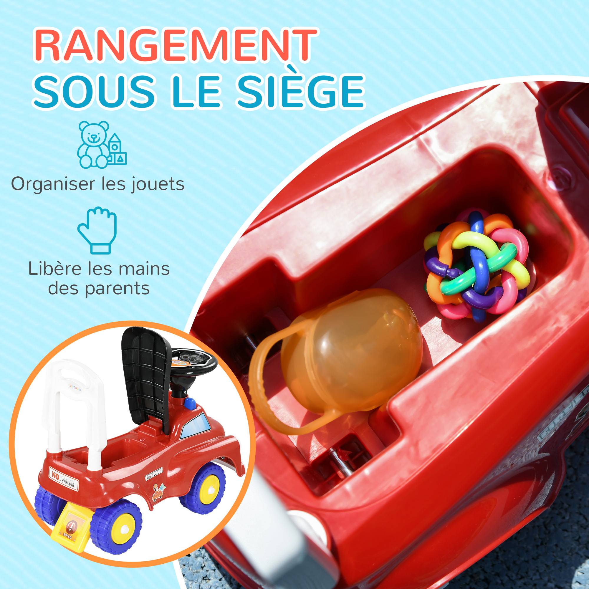 Porteur trotteur Enfants véhicule à pousser camion de pompier 18-36 Mois Coffre phares musique rouge - Image 8