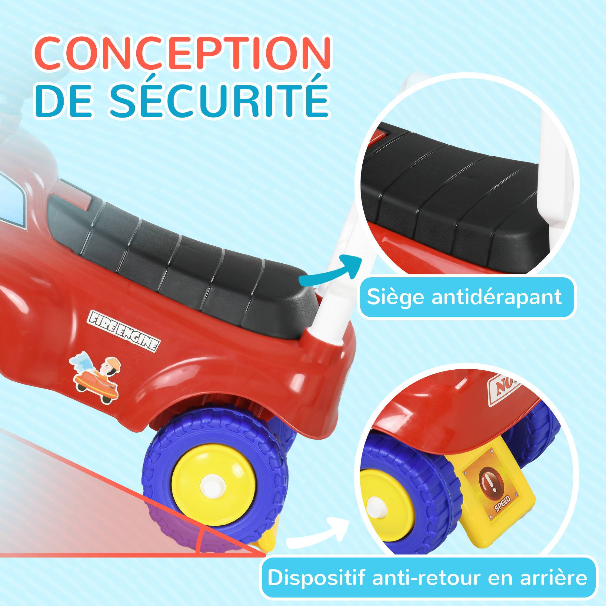 Porteur trotteur Enfants véhicule à pousser camion de pompier 18-36 Mois Coffre phares musique rouge - Image 9