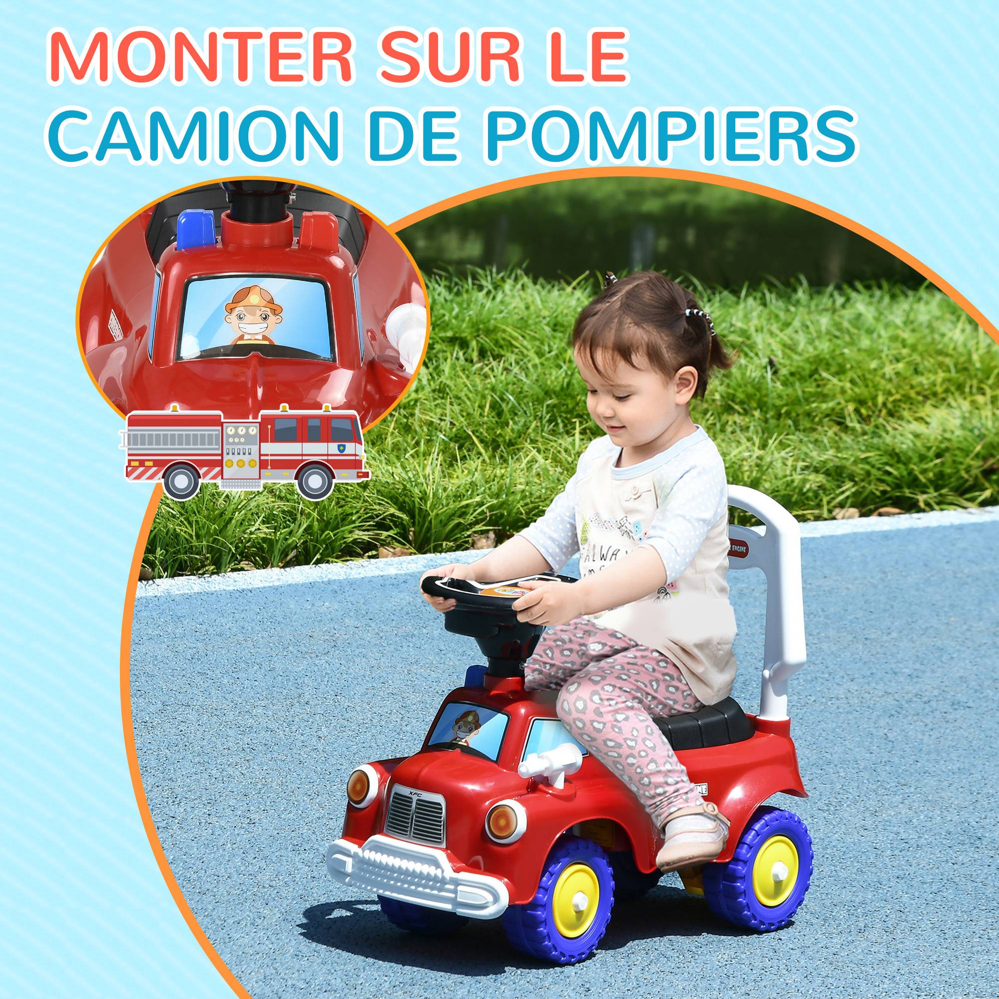 Porteur trotteur Enfants véhicule à pousser camion de pompier 18-36 Mois Coffre phares musique rouge - Image 6