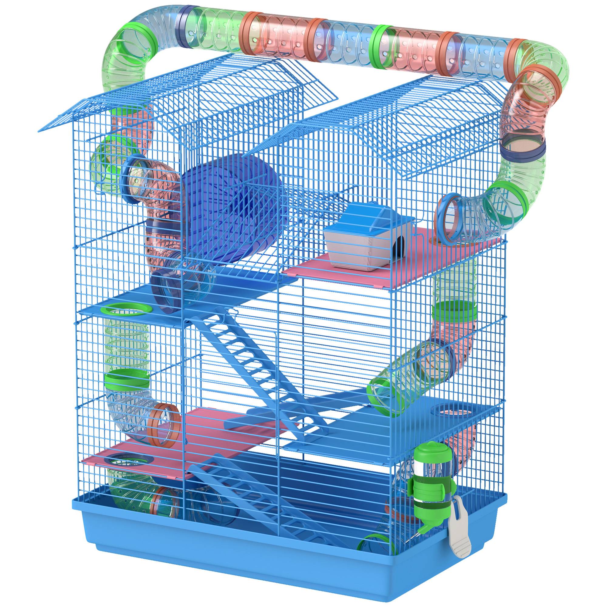 Cage hamster multi-niveaux tubes plateformes mangeoire abreuvoir cabane roue échelles, 47x30x59cm, bleu - Image 2